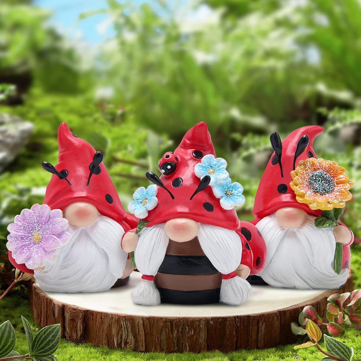 3PCS Ladybird Garden Gnome Set Resin Outdoor Ornaments Flower Decor
