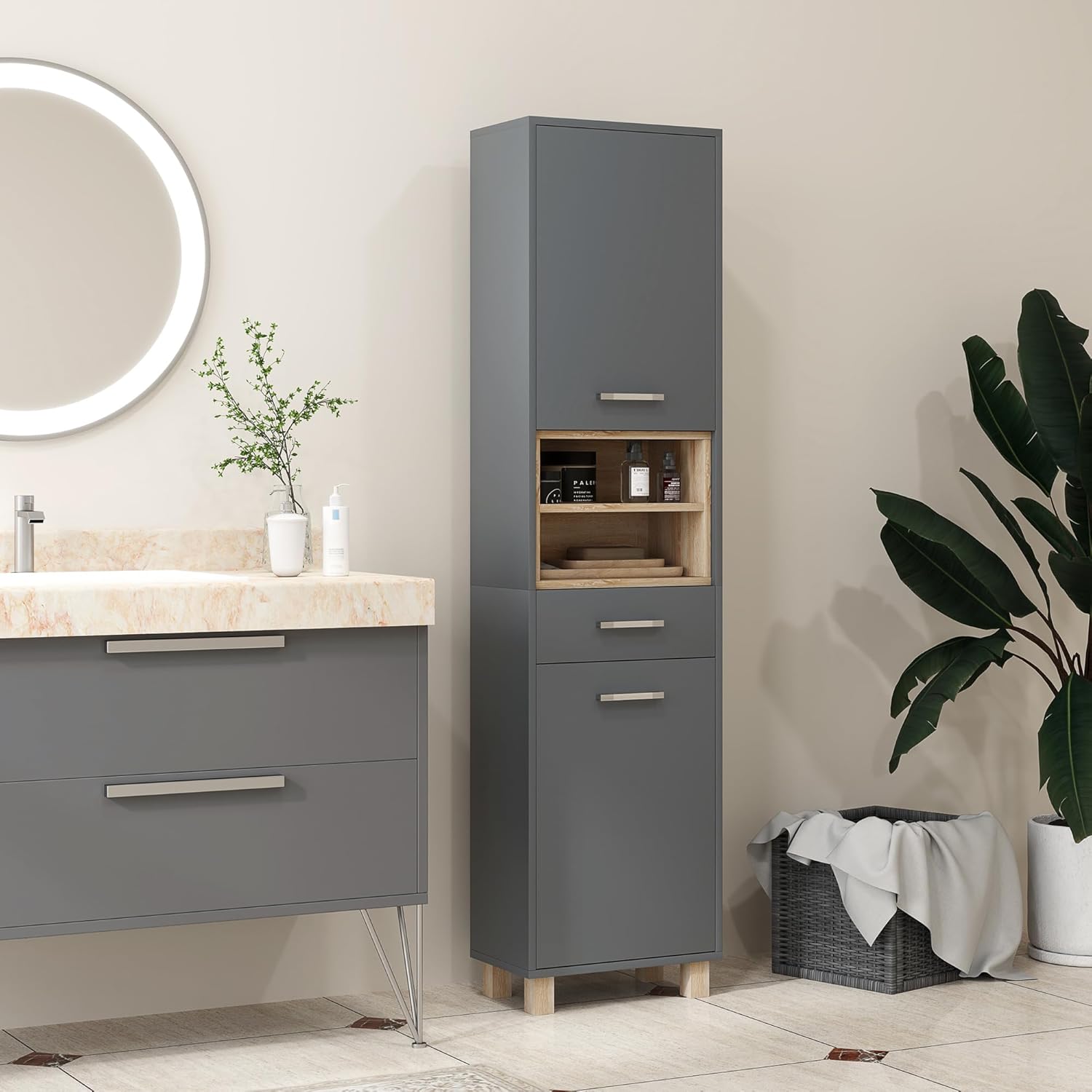 Tall Bathroom Storage Cabinet Grey Freestanding Shelves Drawer Unit