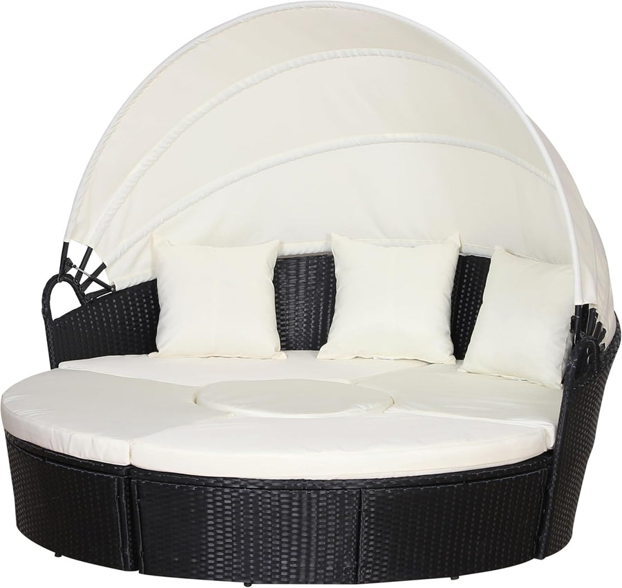 5 Piece Rattan Round Daybed Lounge Set Canopy Black