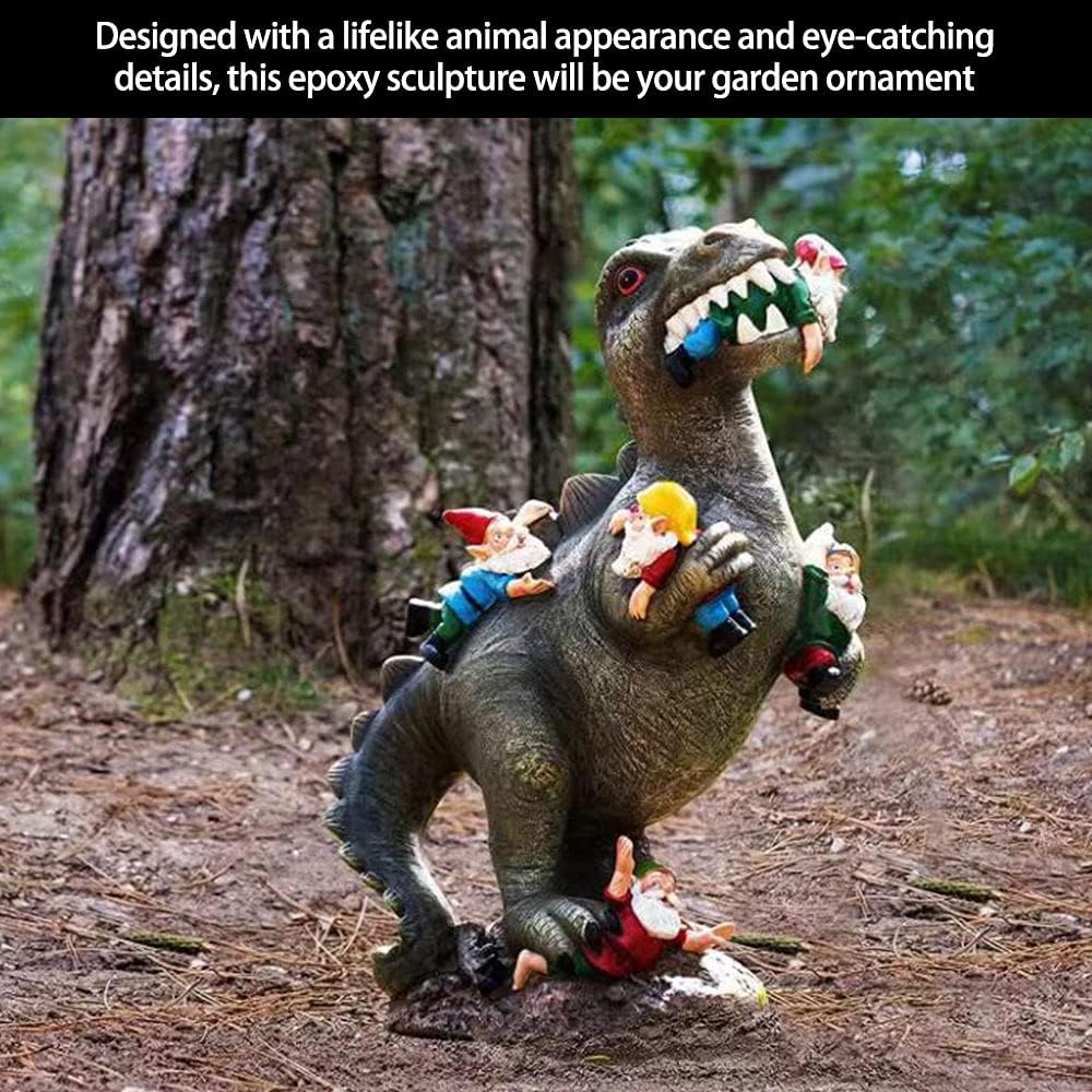 Funny Dinosaur Eating Gnomes Statue Resin Garden Decor Outdoor