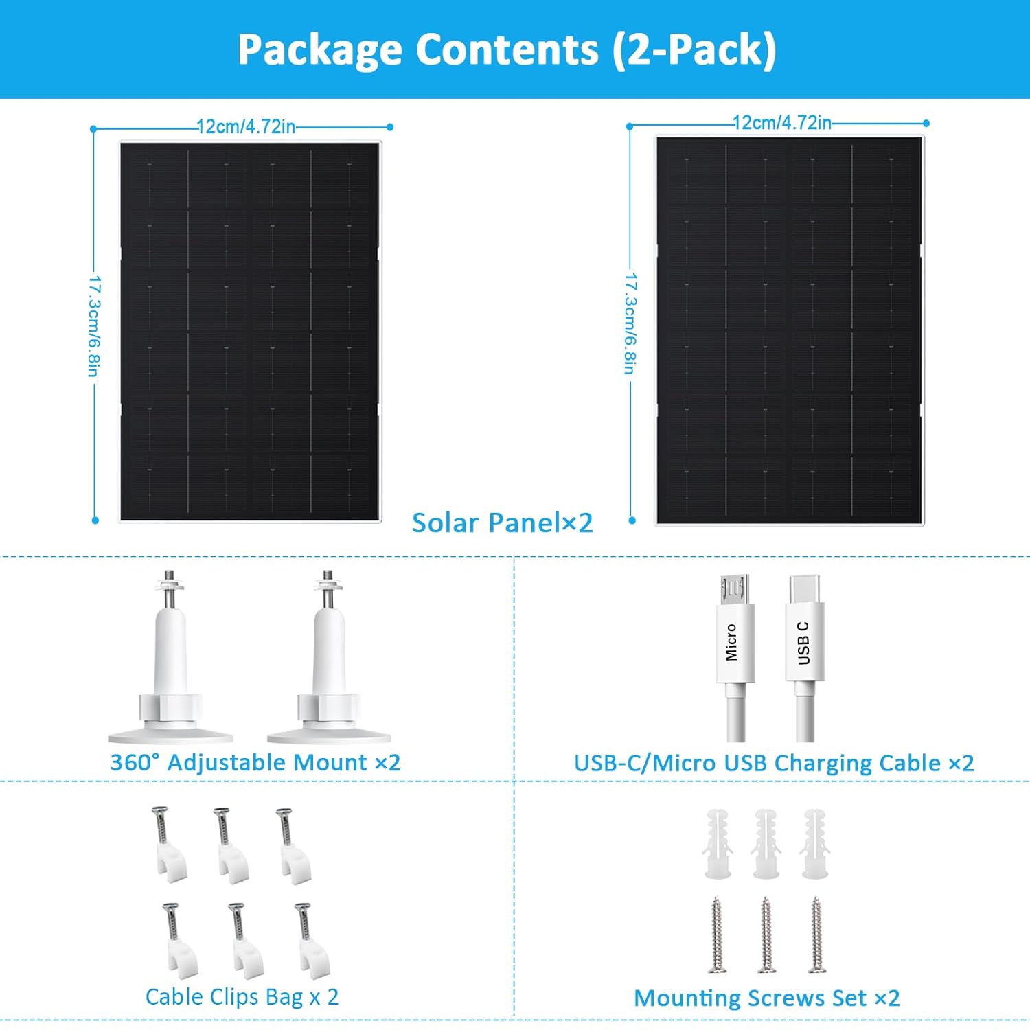 4W Solar Panel Charger For Security Cameras USB C 2 Pack