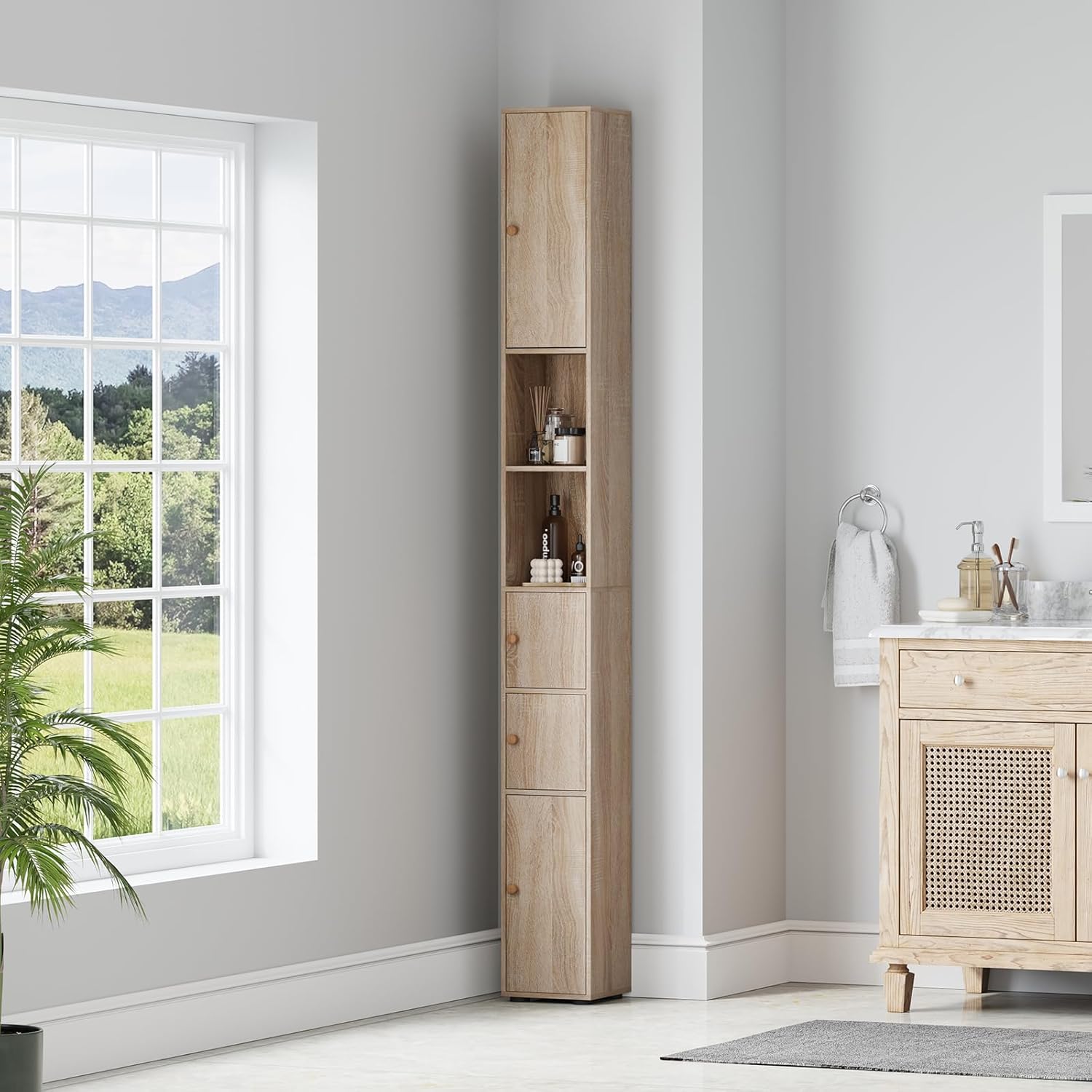 Tall Corner Cabinet Walnut 4 Door Shelf Storage Unit