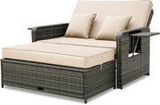 Patio Wicker Daybed Sun Lounger Sofa Storage Ottoman Beige Grey