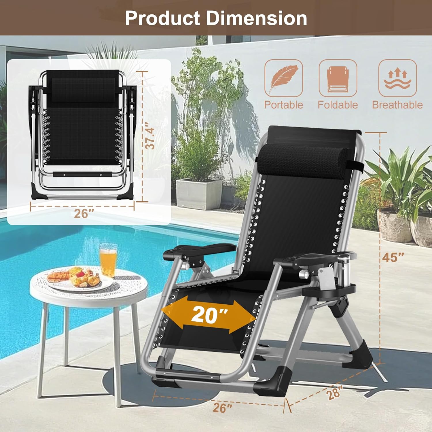 Zero Gravity Folding Sun Lounger Chair 440LBS Heavy Duty Grey