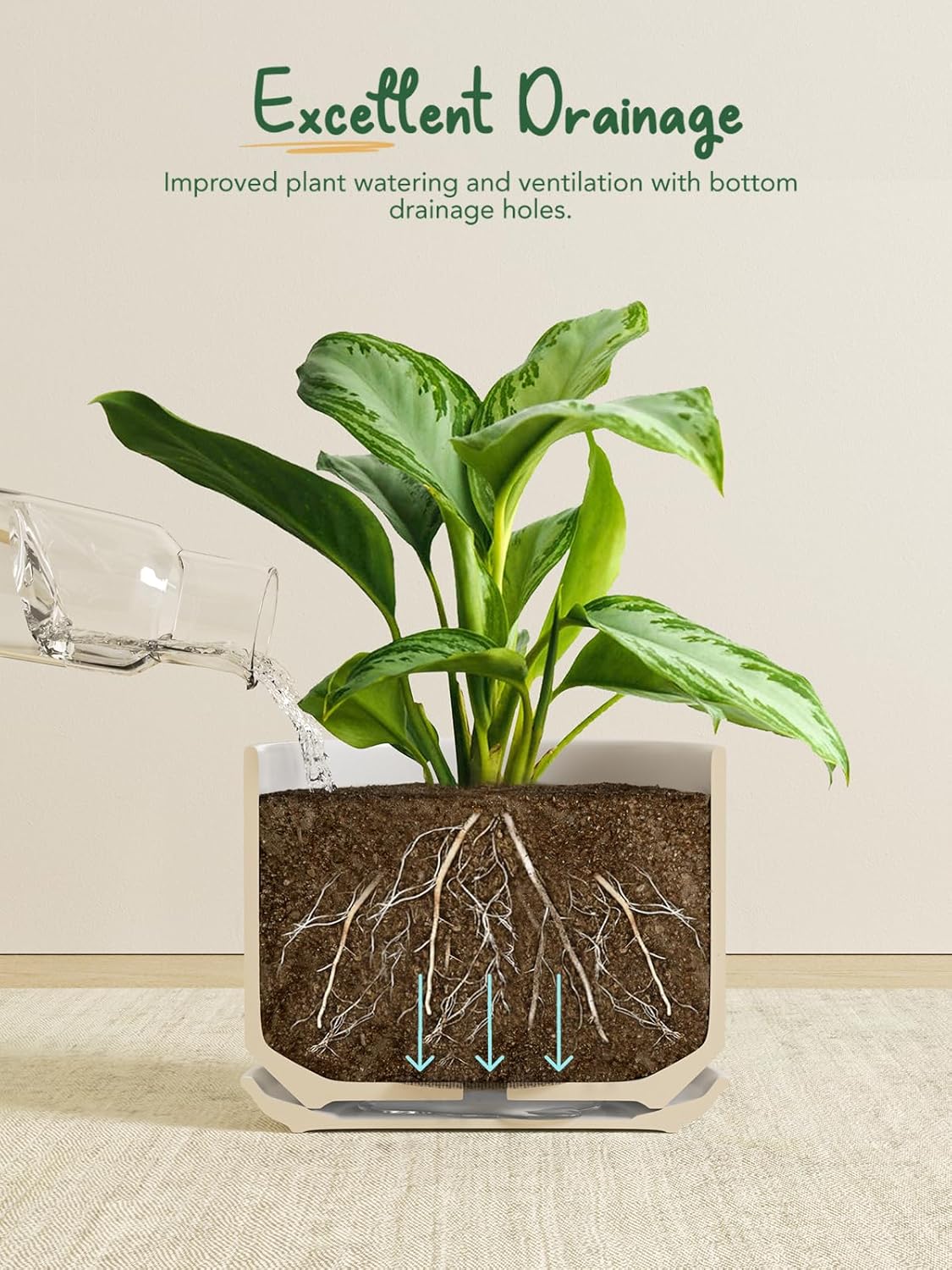25cm Large White Ceramic Plant Pot with Saucer Modern