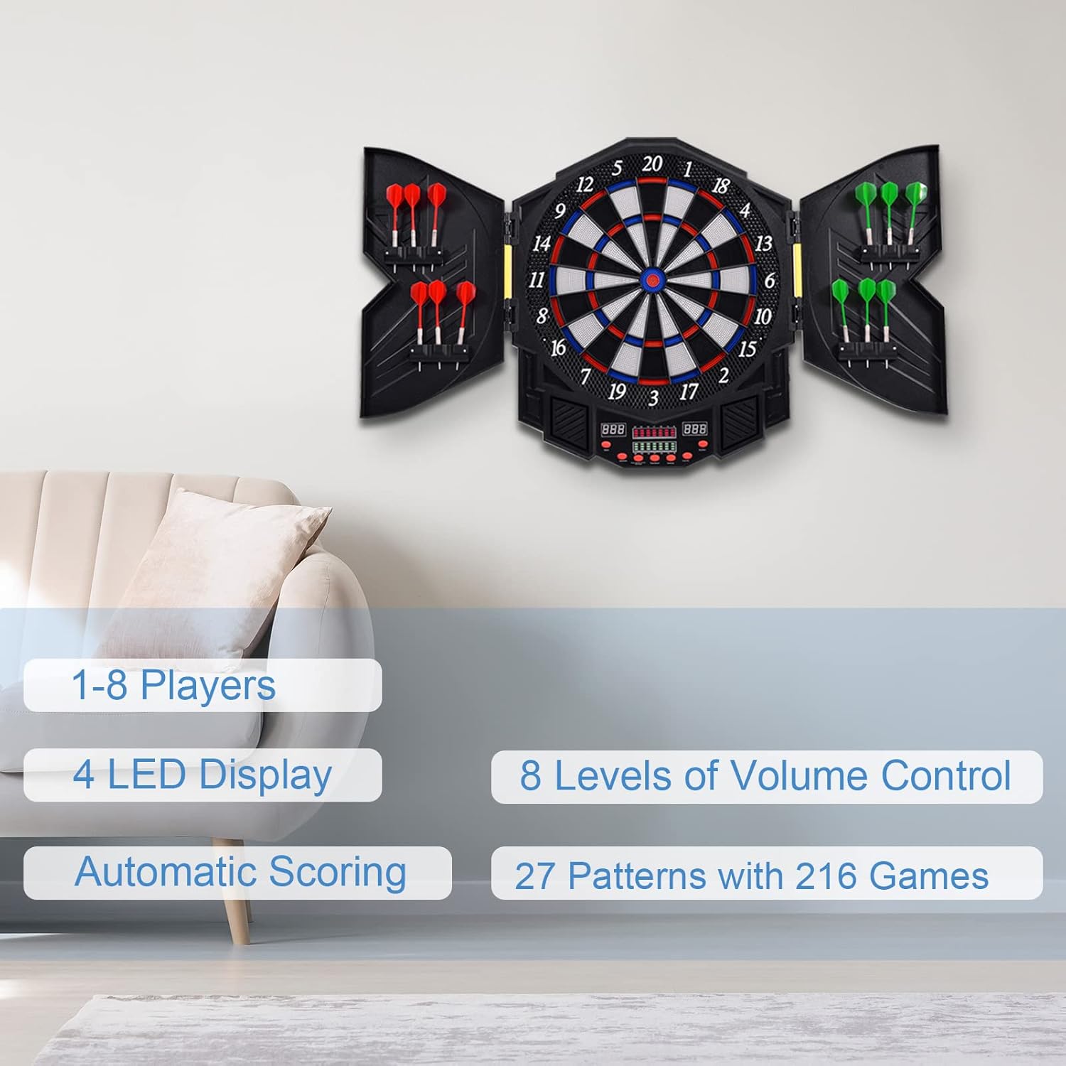 Electronic Dartboard Set Auto Scoring LED Display 12 Darts Cabinet