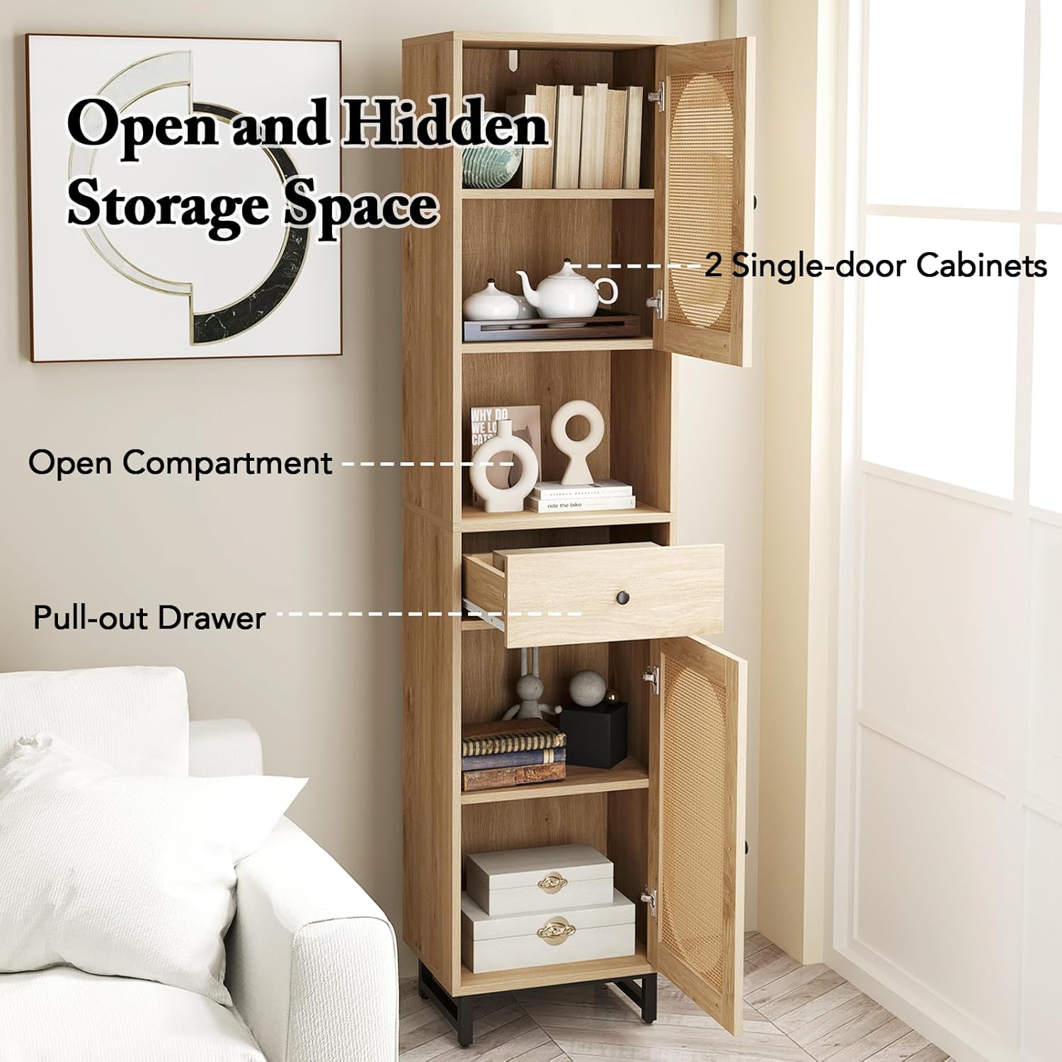Tall Slim Storage Cabinet Natural Rattan Door Drawer Unit