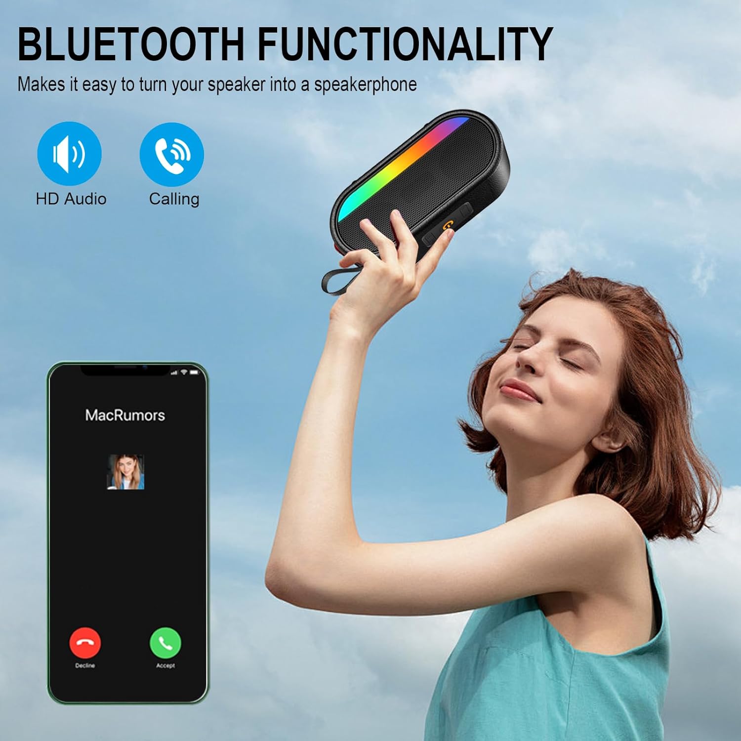 Portable Bluetooth Speaker 5.3 Bass Waterproof IPX6 RGB Lights