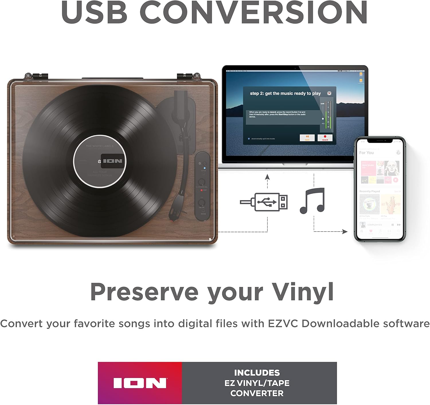 Bluetooth Record Player 3 Speed USB Vinyl Converter Speakers