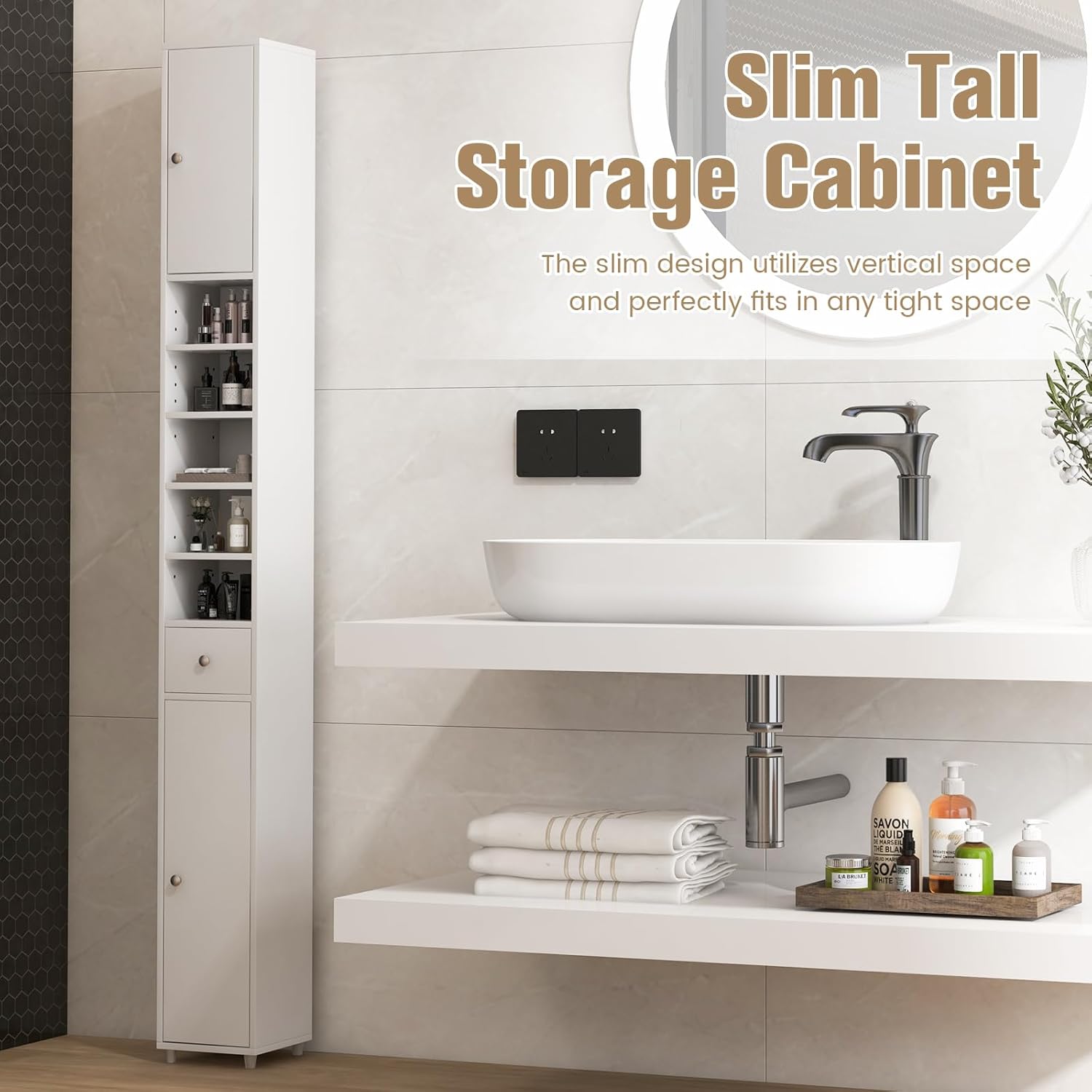 Tall Slim Storage Cabinet White Drawer Adjustable Shelf Unit