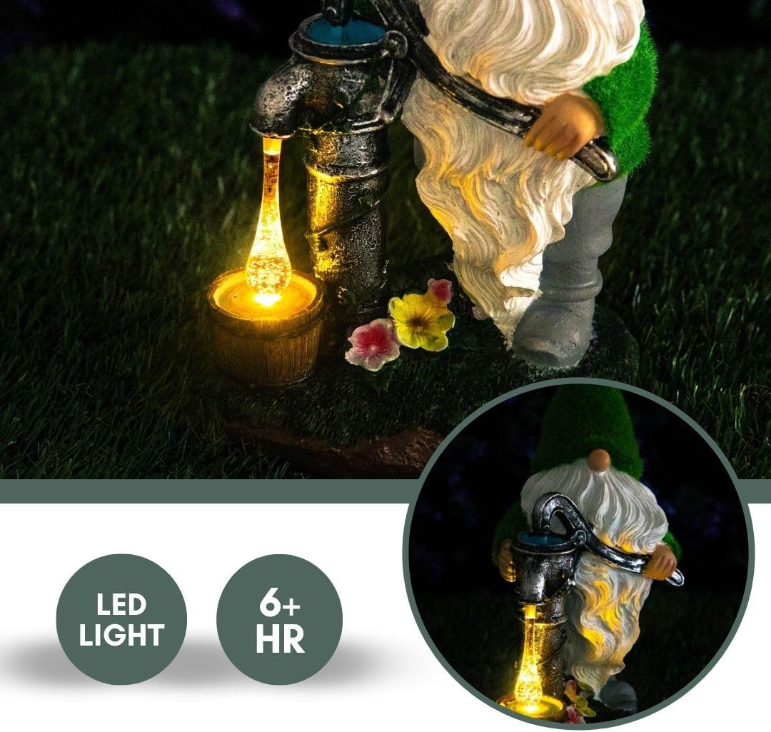 Solar Garden Gnome LED Water Pump Statue 30cm Outdoor Decor