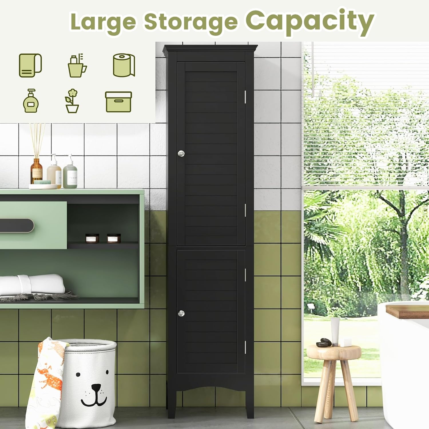 Tall Bathroom Storage Cabinet Black 2 Door Shelf Unit