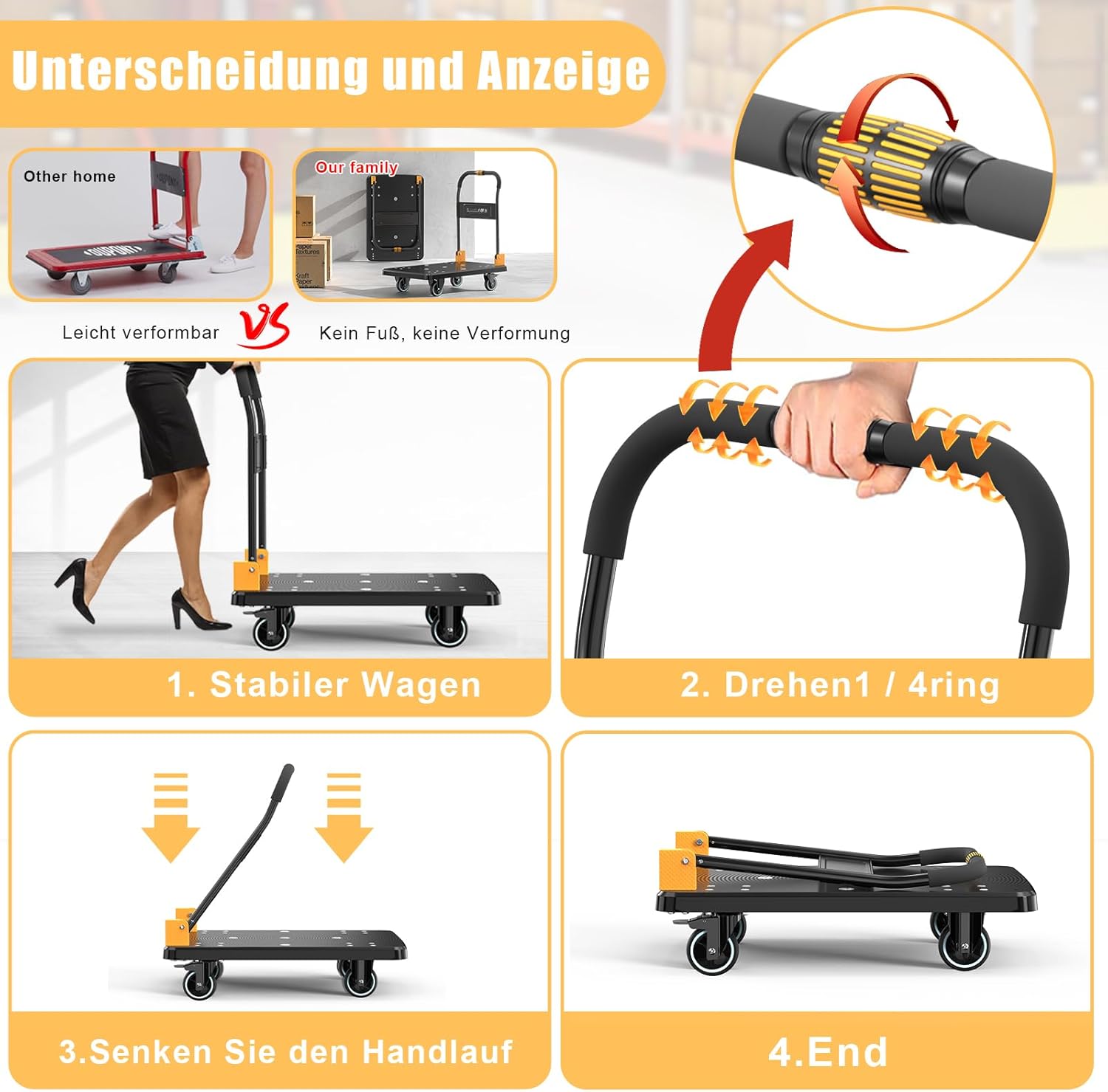 250KG One Hand Folding Platform Trolley Silent Wheels