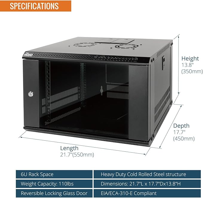 6U Wall Mount Server Cabinet 450mm Glass Door Rack Black