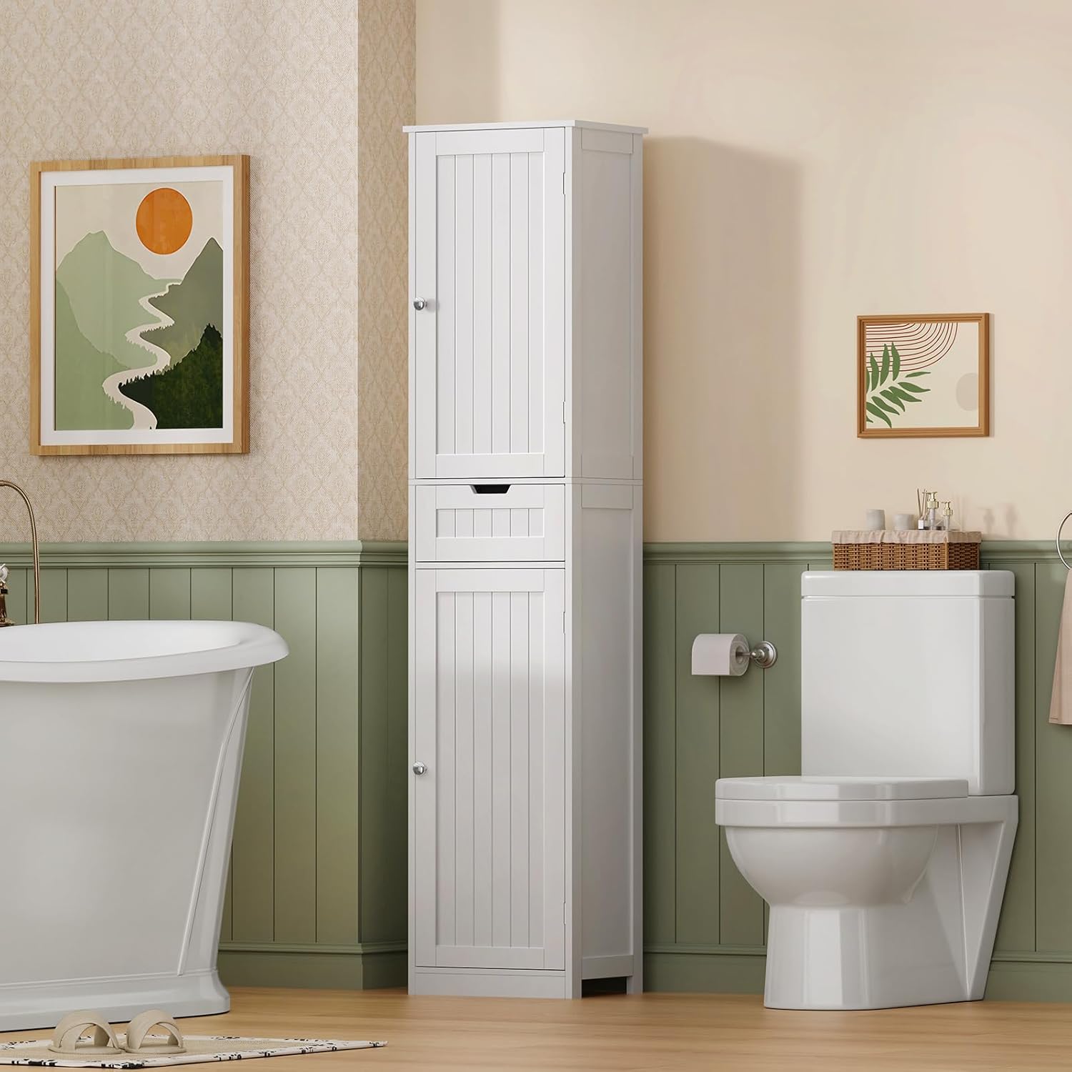 Tall Bathroom Storage Cabinet 40cm Wide Drawer Shelves White