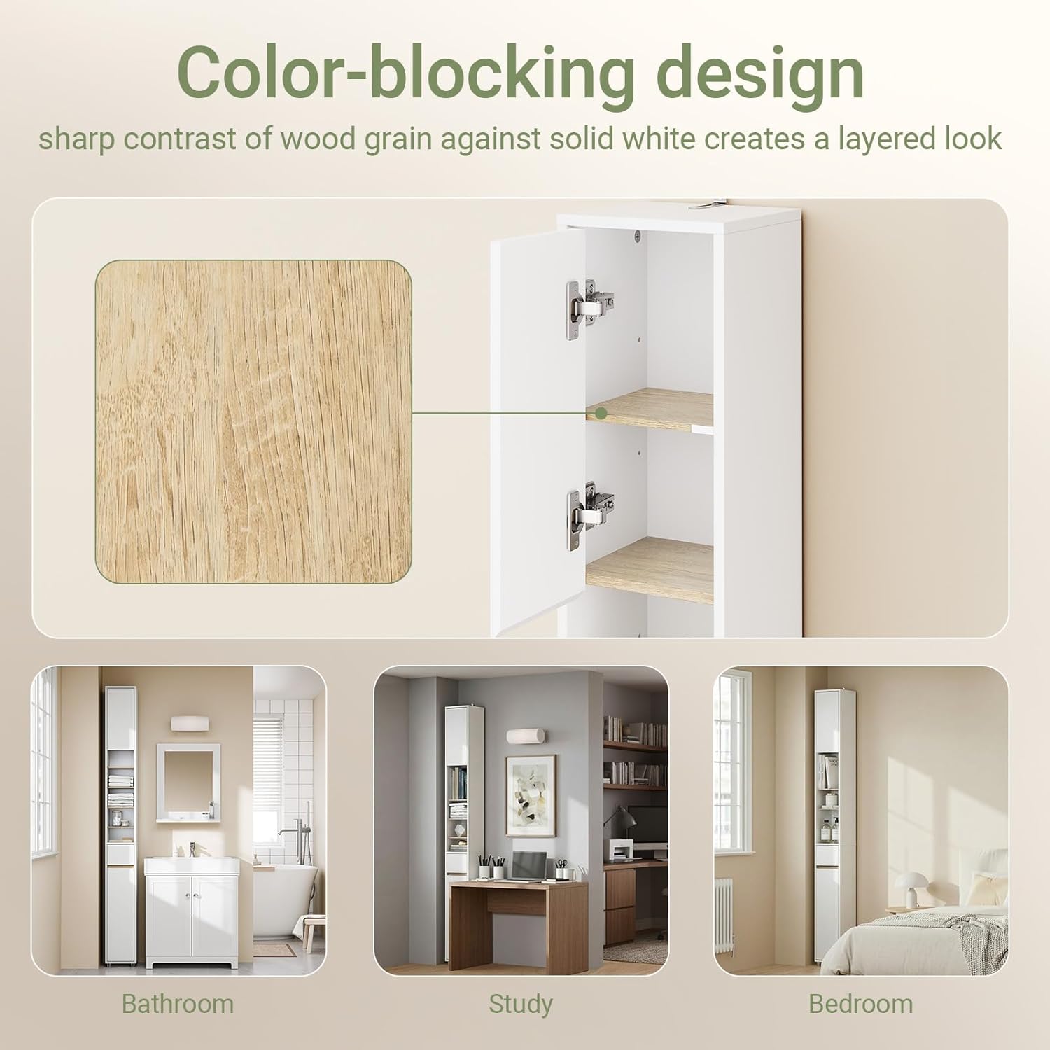 Slim Tall Bathroom Storage Cabinet 20cm White Natural 180cm