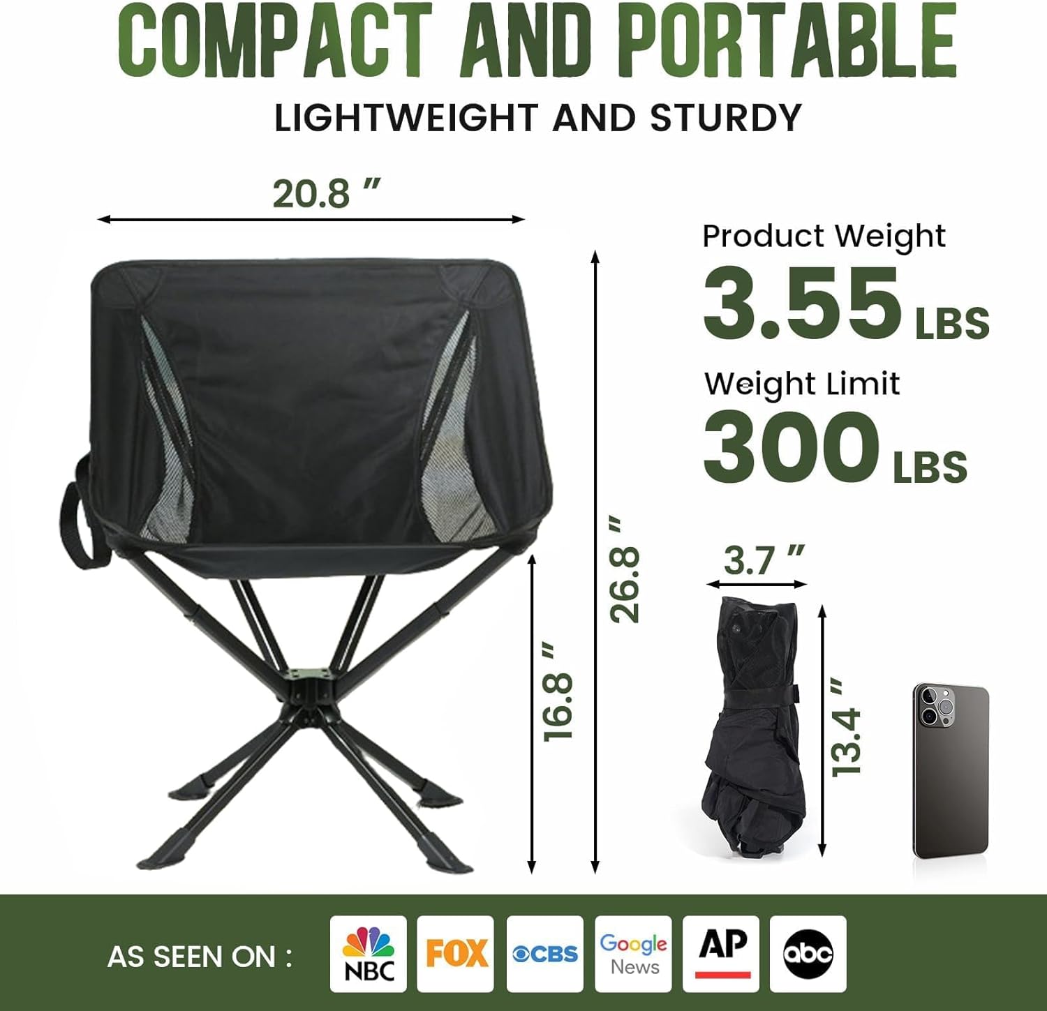 360 Swivel Folding Moon Camping Chair Portable Black
