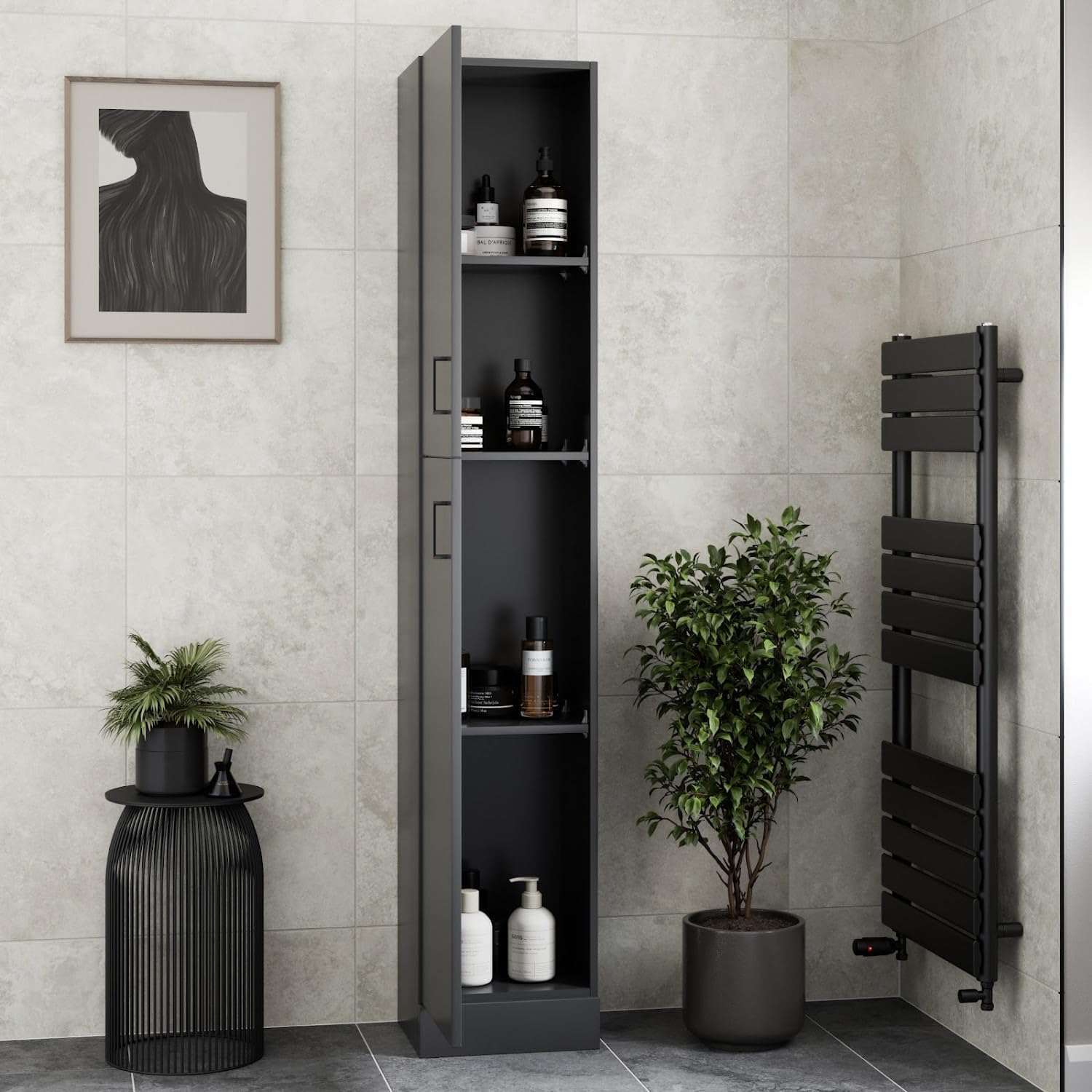 Tall Bathroom Cabinet Matt Black Soft Close Door Unit
