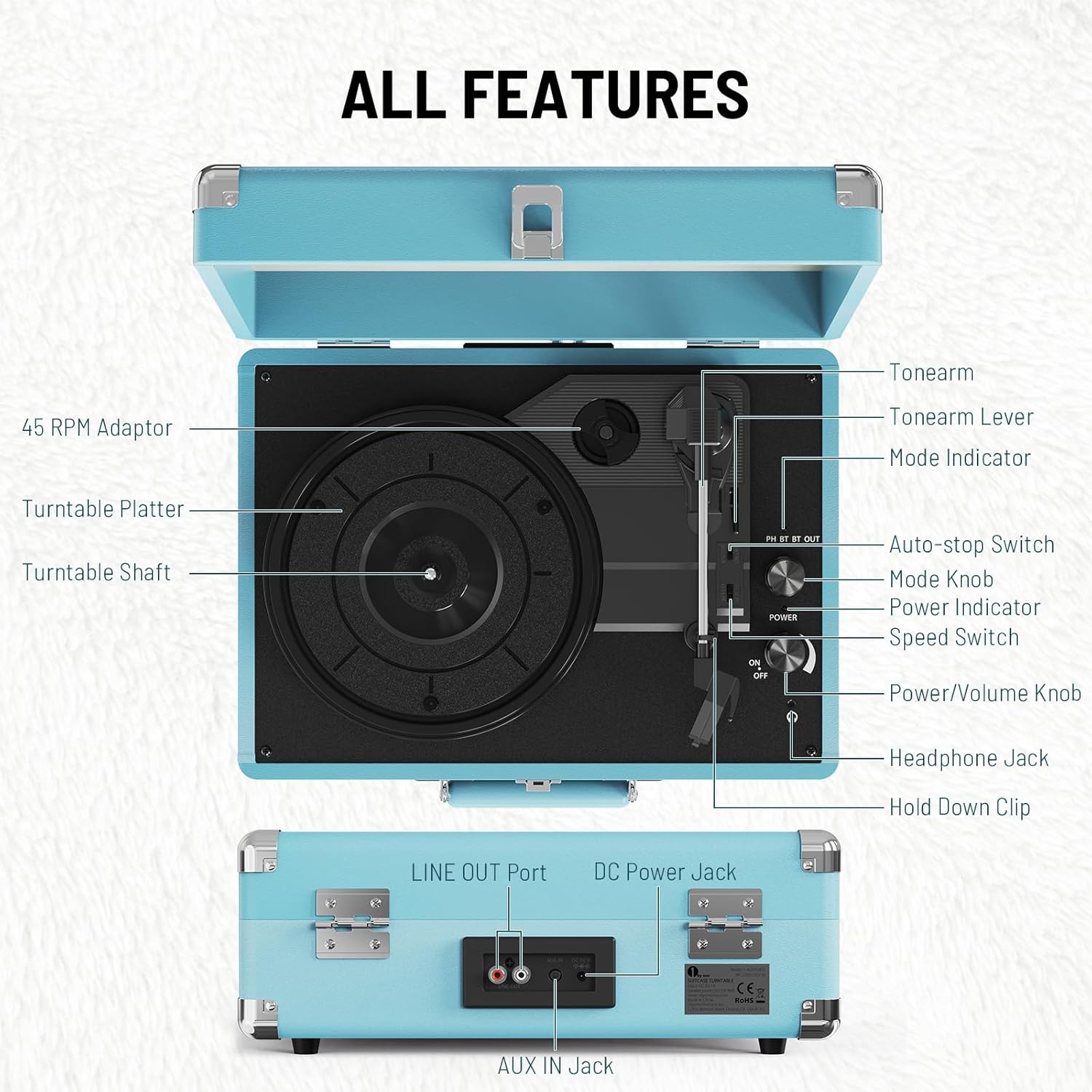 Portable 3-Speed Bluetooth Turntable Vinyl Record Player with Speakers