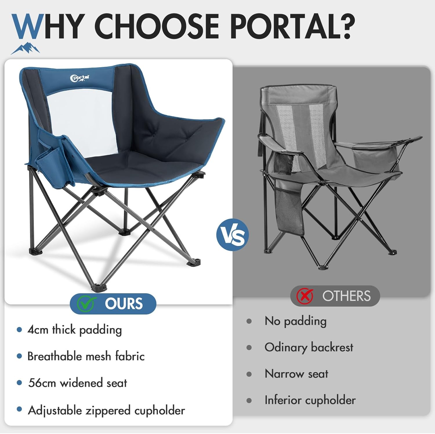 Mesh Back Tub Camping Chair Wide Seat 150KG Blue