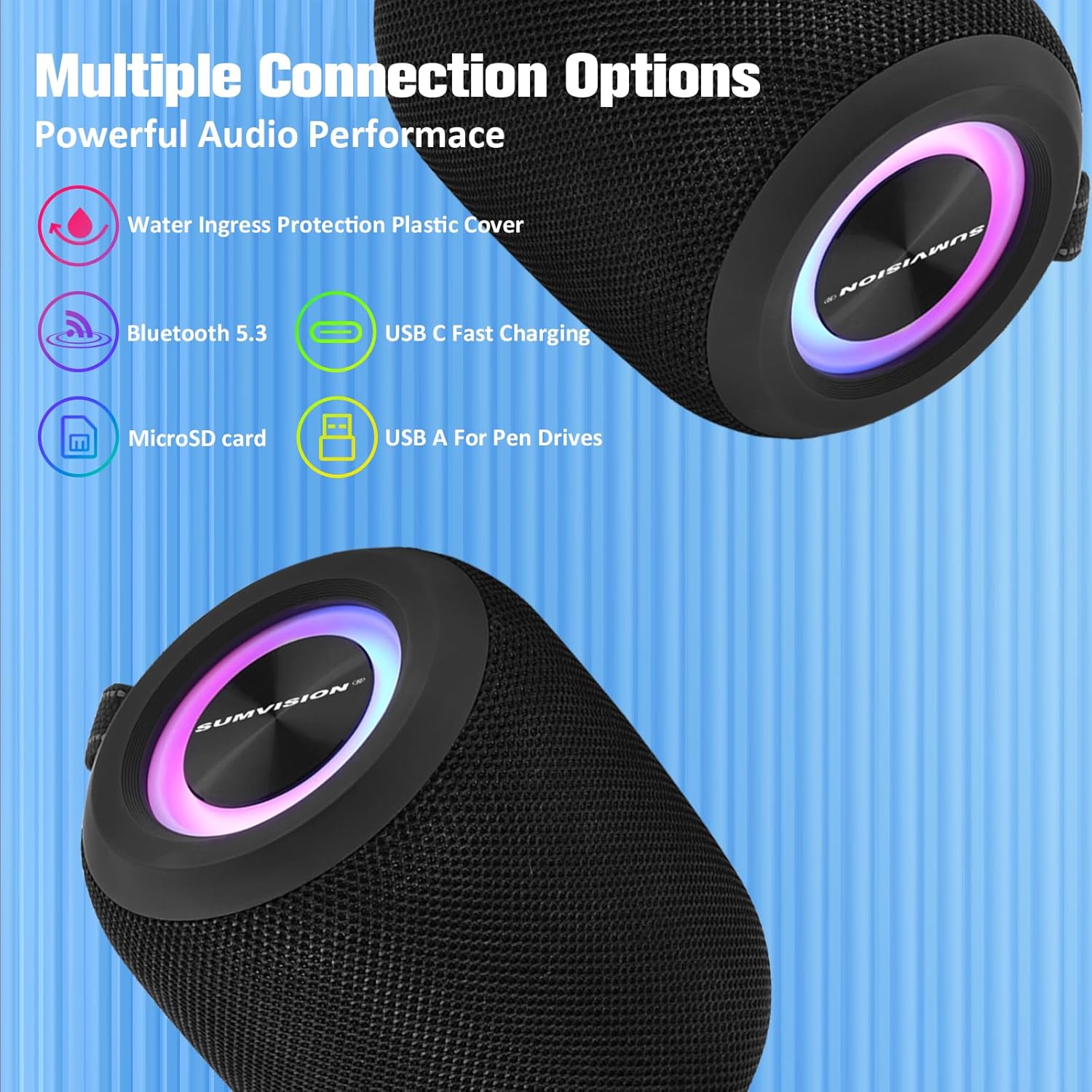 Portable Bluetooth Speaker 16W Stereo RGB Lights 21H Battery TWS