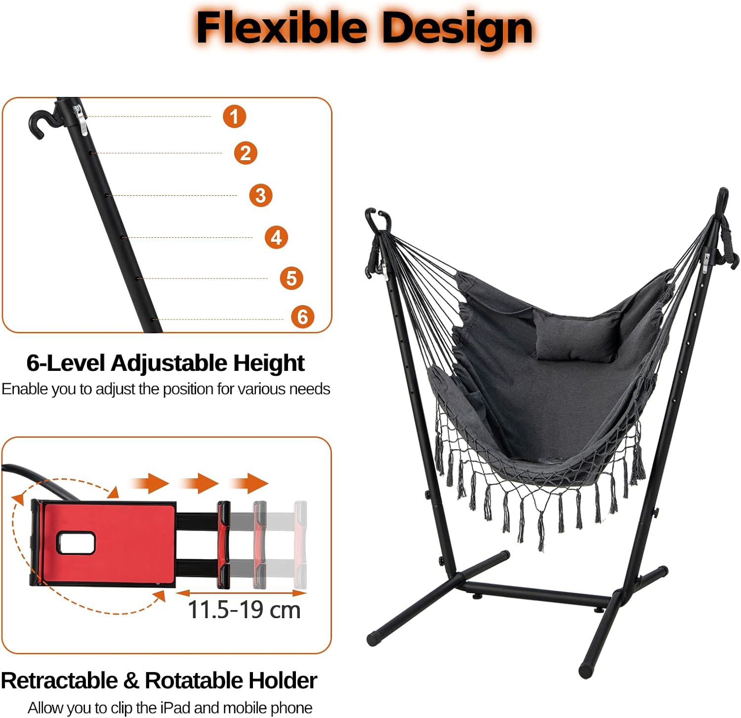 Hammock Chair with Stand Phone Holder Grey Swing Seat