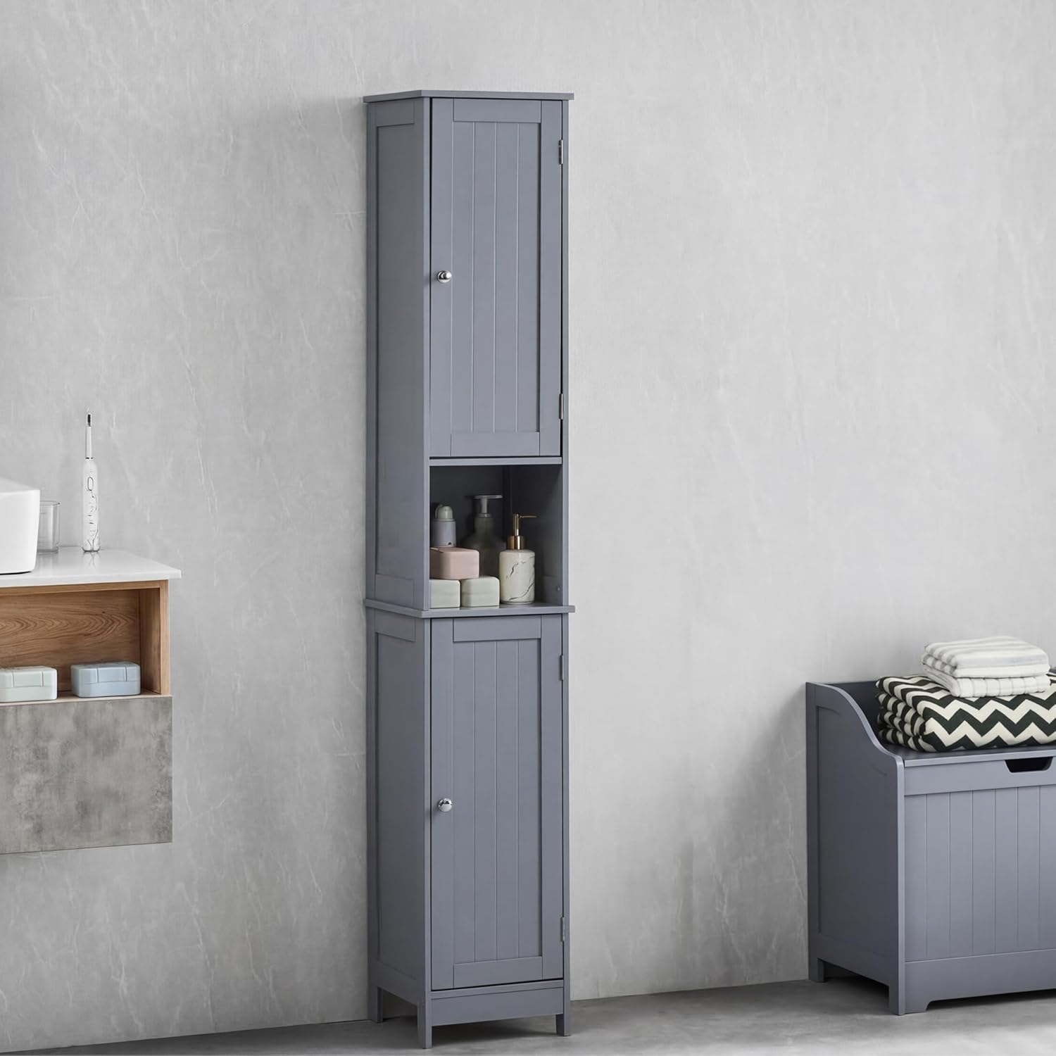 Tall Bathroom Storage Cabinet Grey 2 Door Tallboy Unit