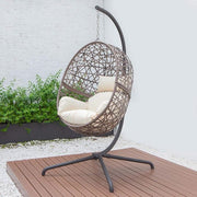 Single Hanging Egg Chair with Stand Brown Cream Rattan