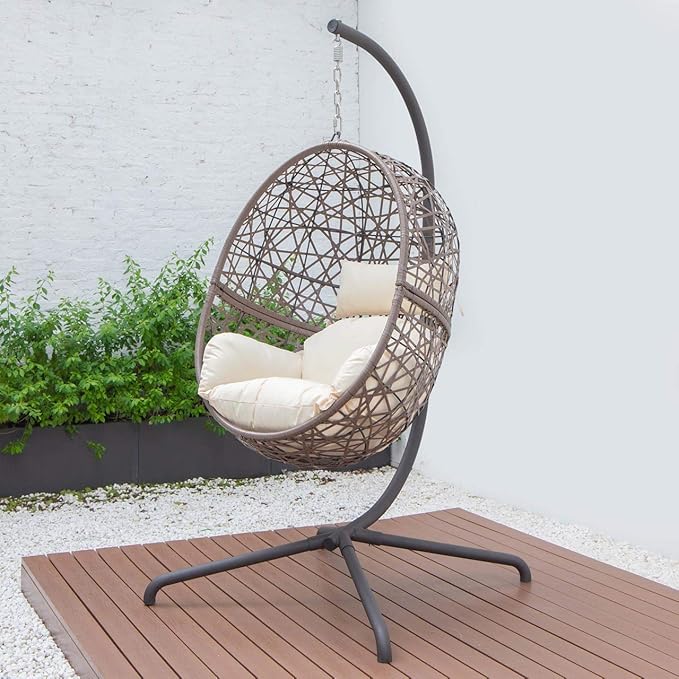 Single Hanging Egg Chair with Stand Brown Cream Rattan