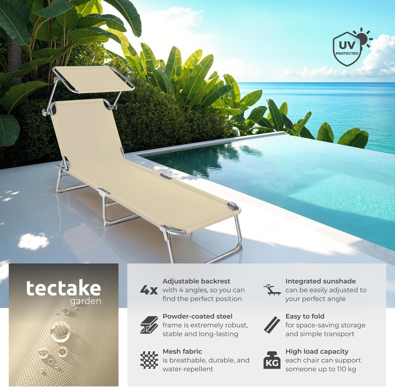 Folding Sun Lounger with Canopy Adjustable Backrest Beige