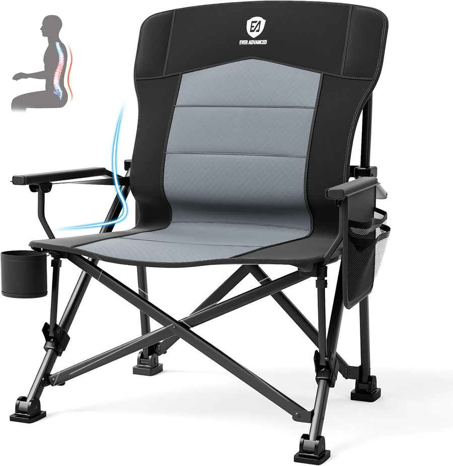 Oversized Folding Camping Chair XL Heavy Duty Lumbar Support 230KG Black