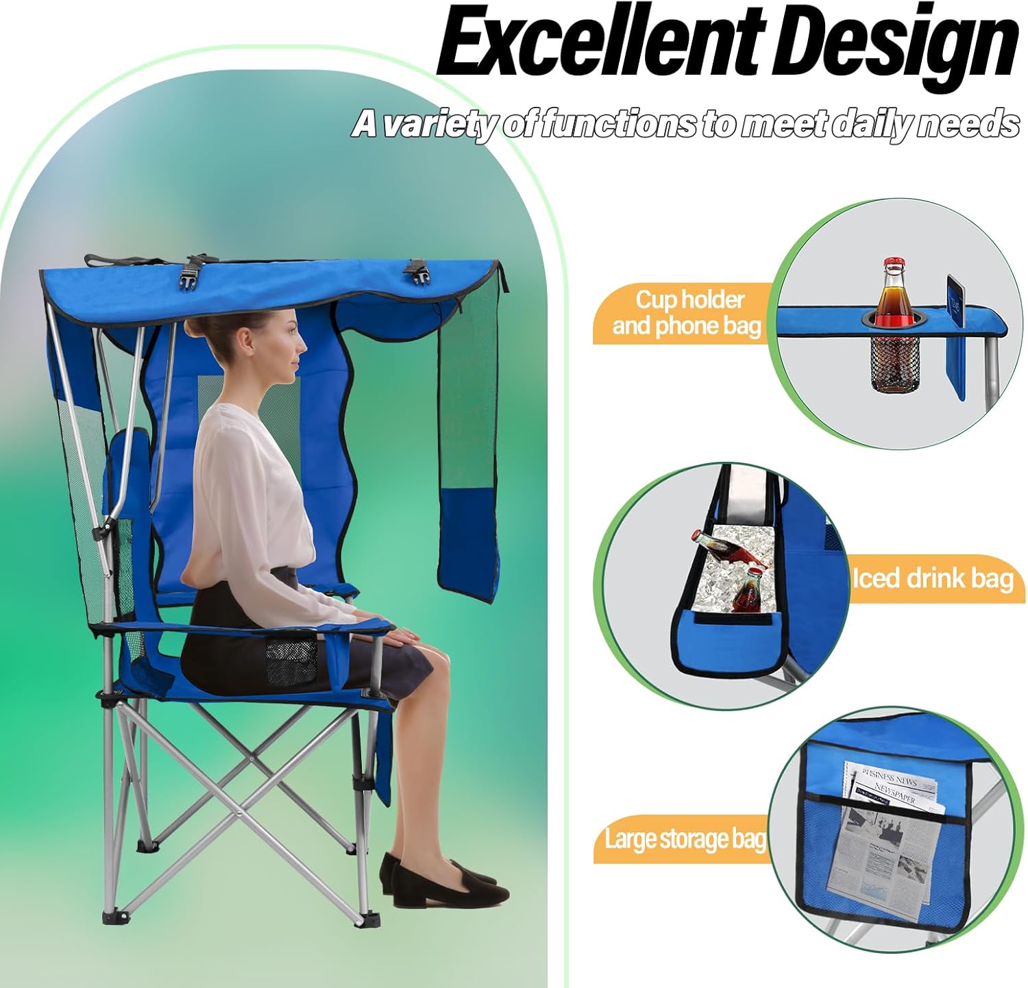 Canopy Camping Chair with Cooler Cup Holder Sky Blue