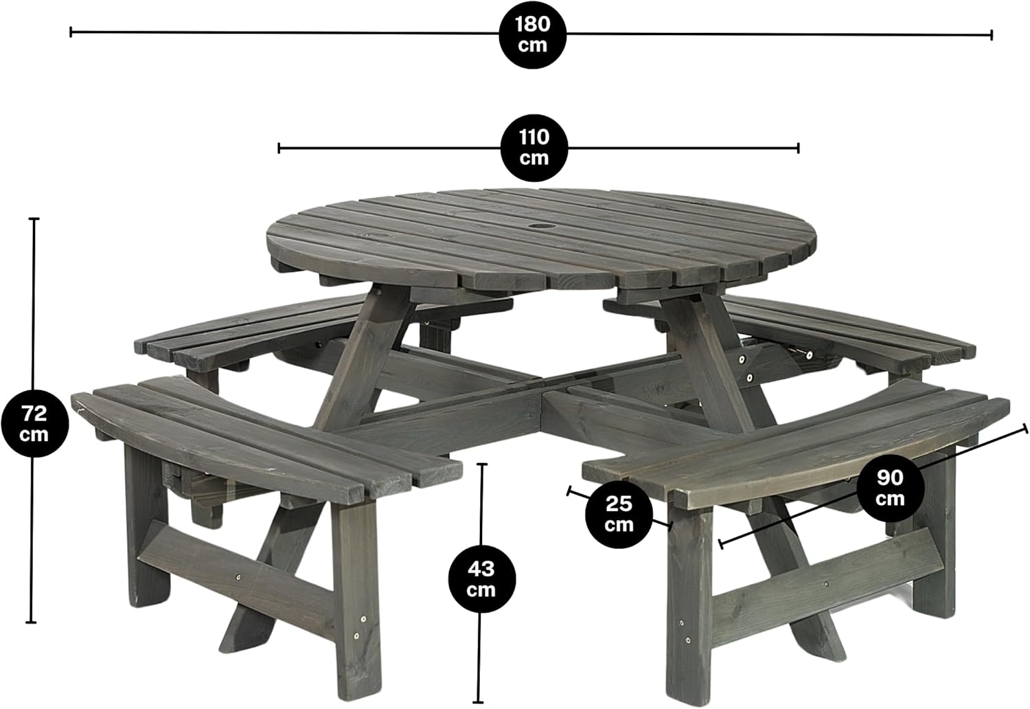 8 Seater Round Wooden Picnic Table with Benches Parasol Hole 180cm