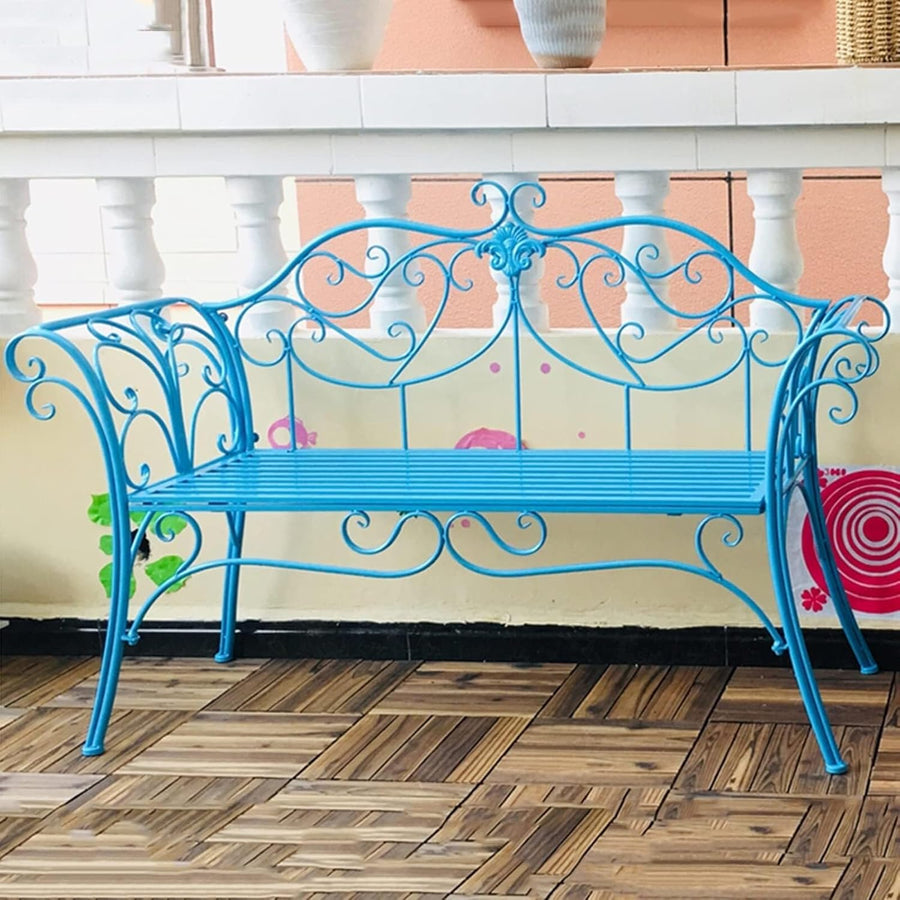Retro Metal Garden Bench 2 Seater Outdoor Patio Seat Blue