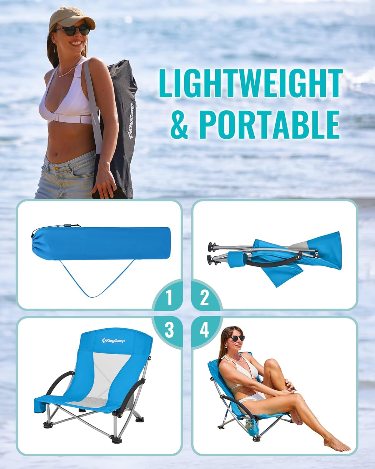 Blue Low Folding Beach Chair Heavy Duty Portable Seat