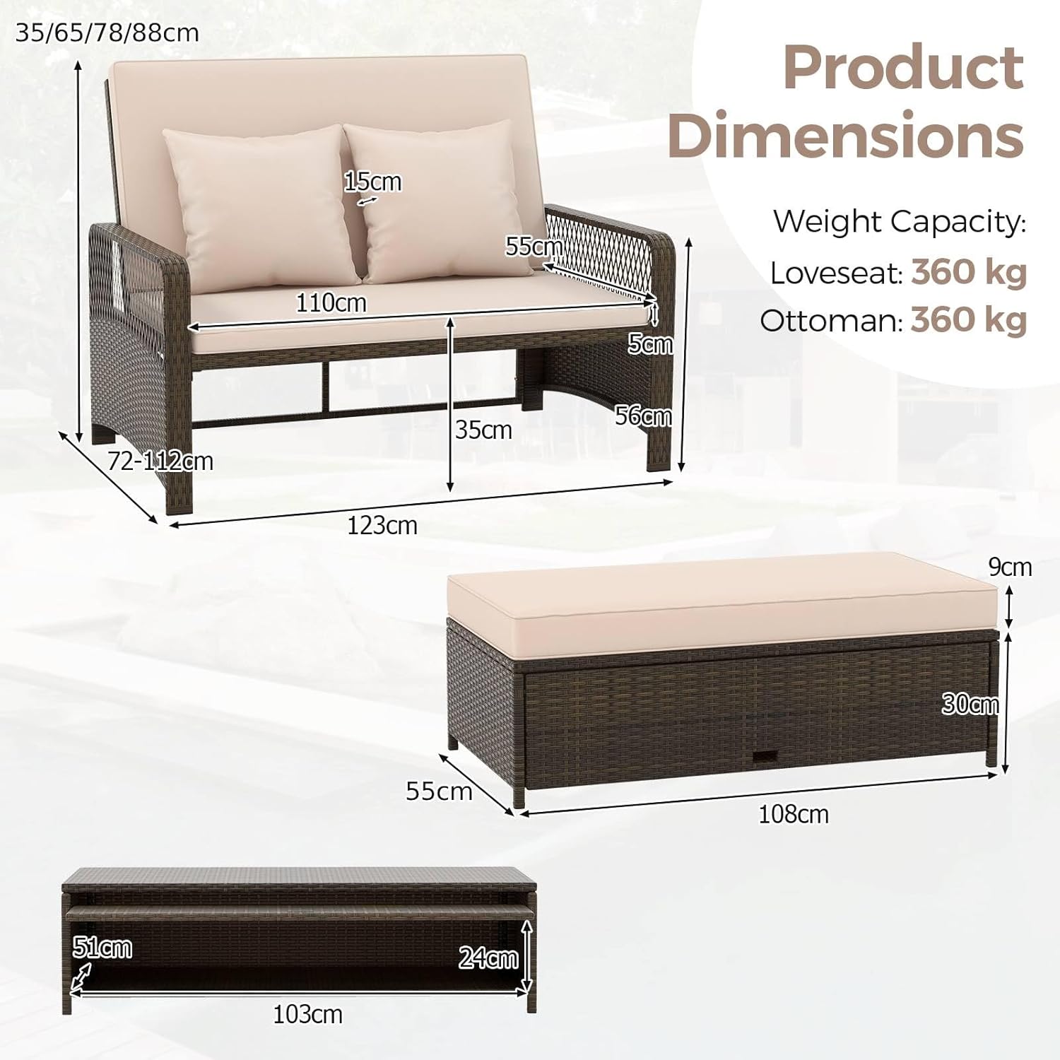 Rattan Garden Daybed Double Lounger Storage Ottoman Beige