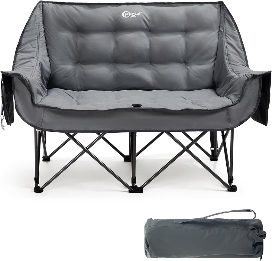 Double Camping Sofa Chair Foldable 2 Seater Padded Grey