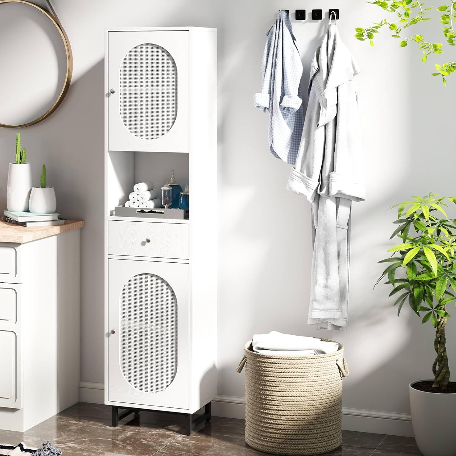 Tall Slim Storage Cabinet White Rattan Door Drawer Unit
