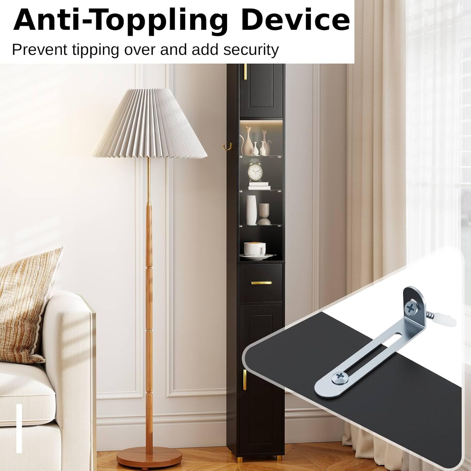 Tall Slim Storage Cabinet Black LED Shelf Hook Unit
