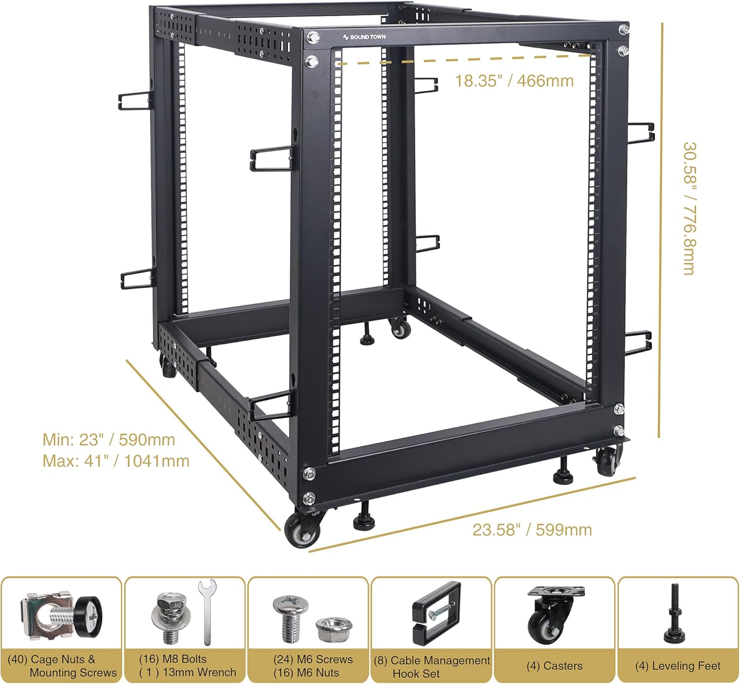 15U Adjustable 4 Post IT & Network Rack with Wheels