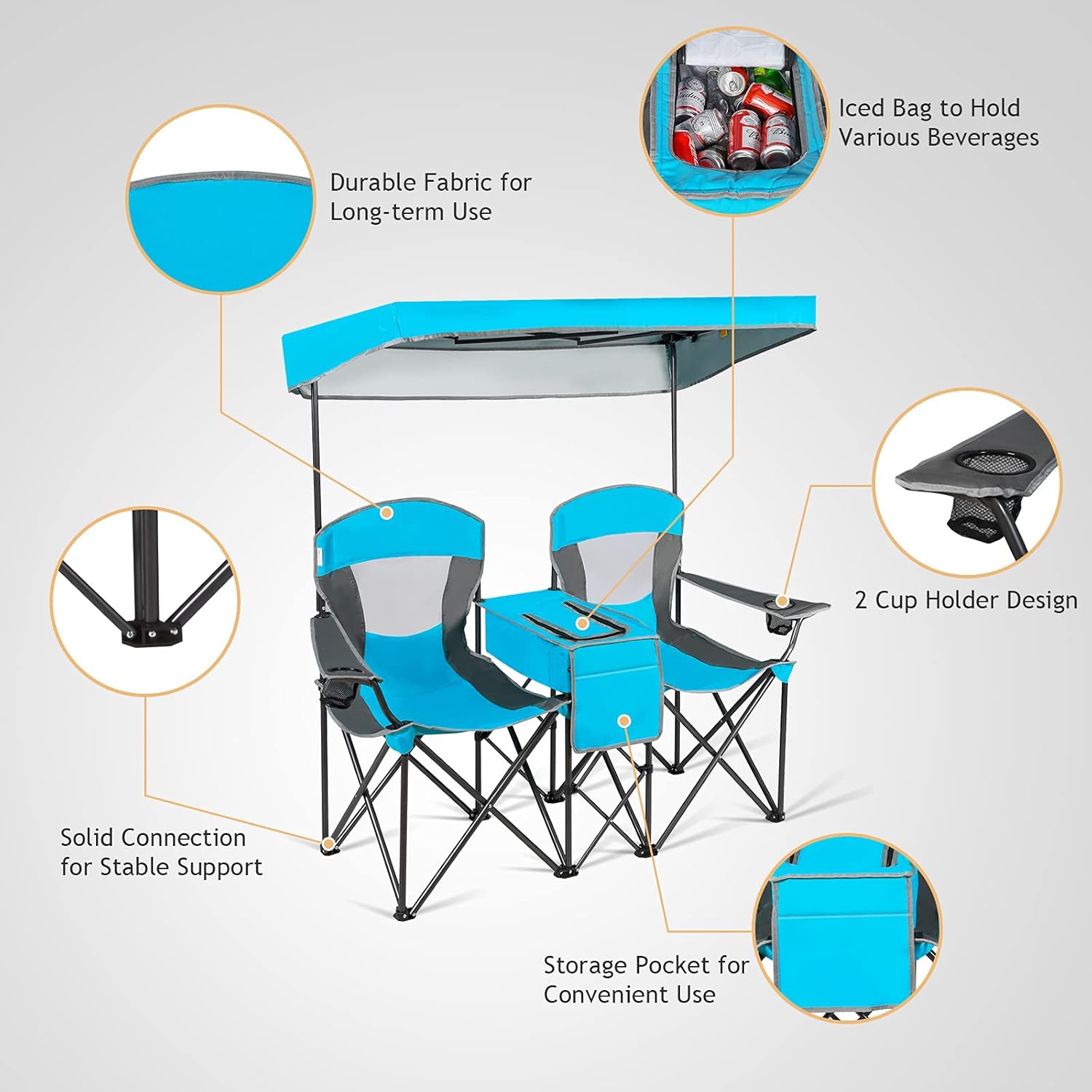 Double Camping Chair with Canopy 2 Seater Blue