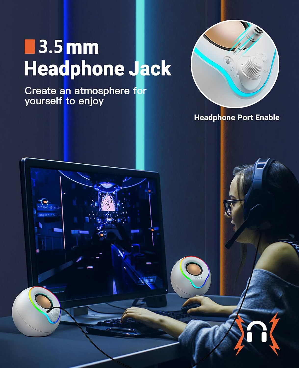 Bluetooth PC Speakers Stereo Desktop Touch RGB Lights White