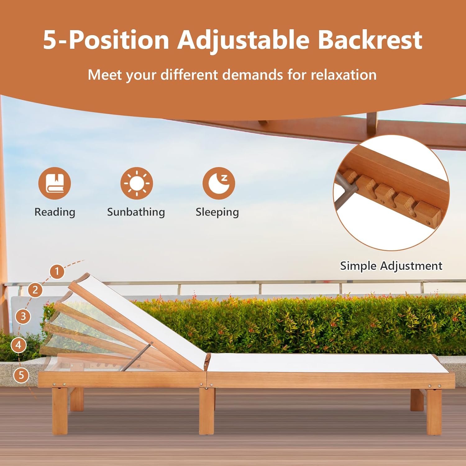 Wooden Garden Sun Lounger 5 Position Recliner 200cm Teak