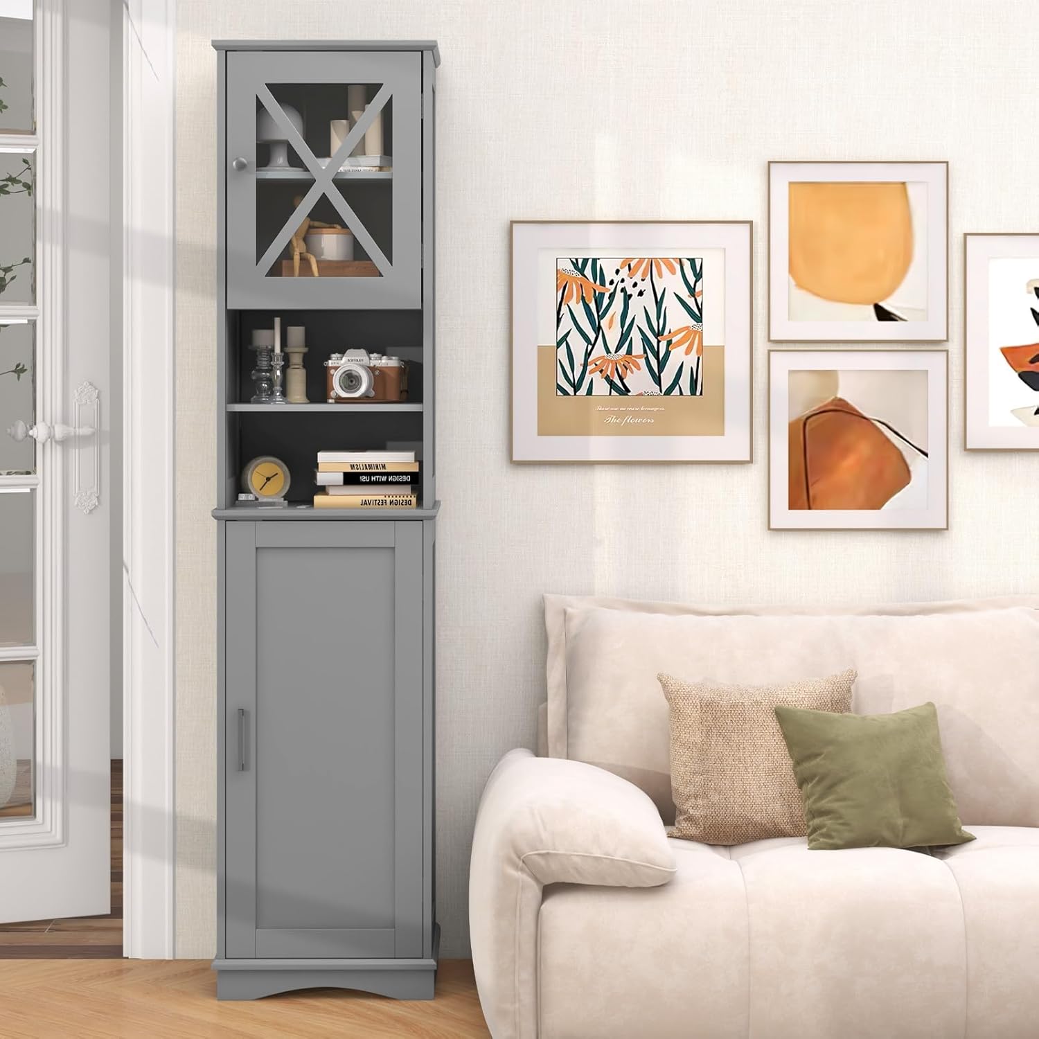 Grey Tall Bathroom Cabinet Slim Storage Unit 2 Door Shelves