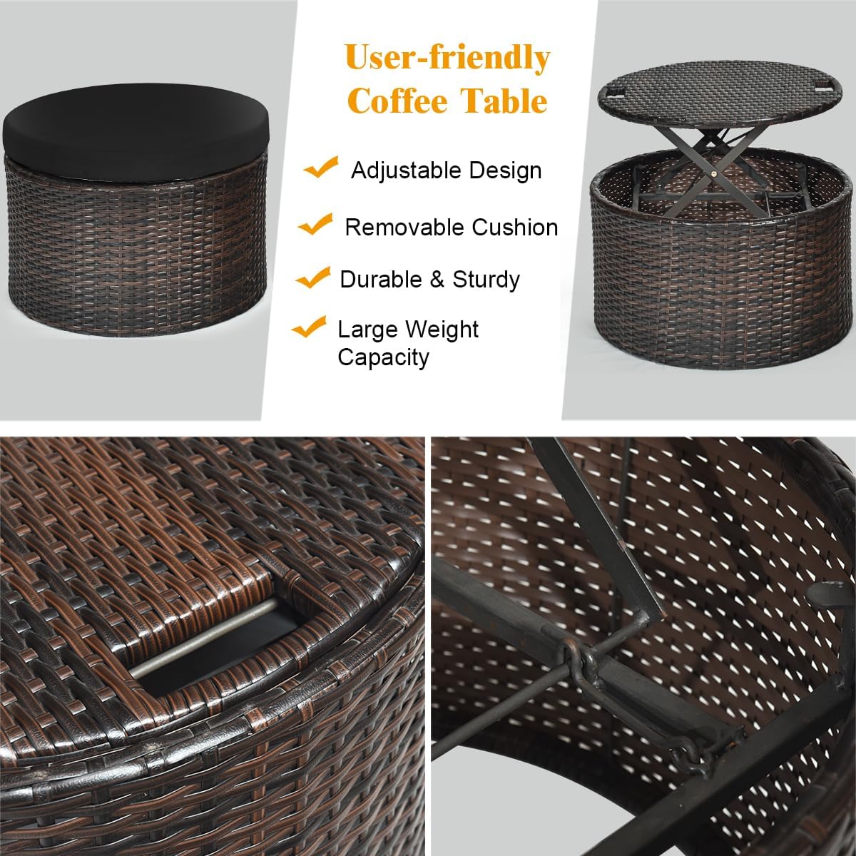 5 Piece Rattan Daybed Round Sofa Set Canopy Black Brown