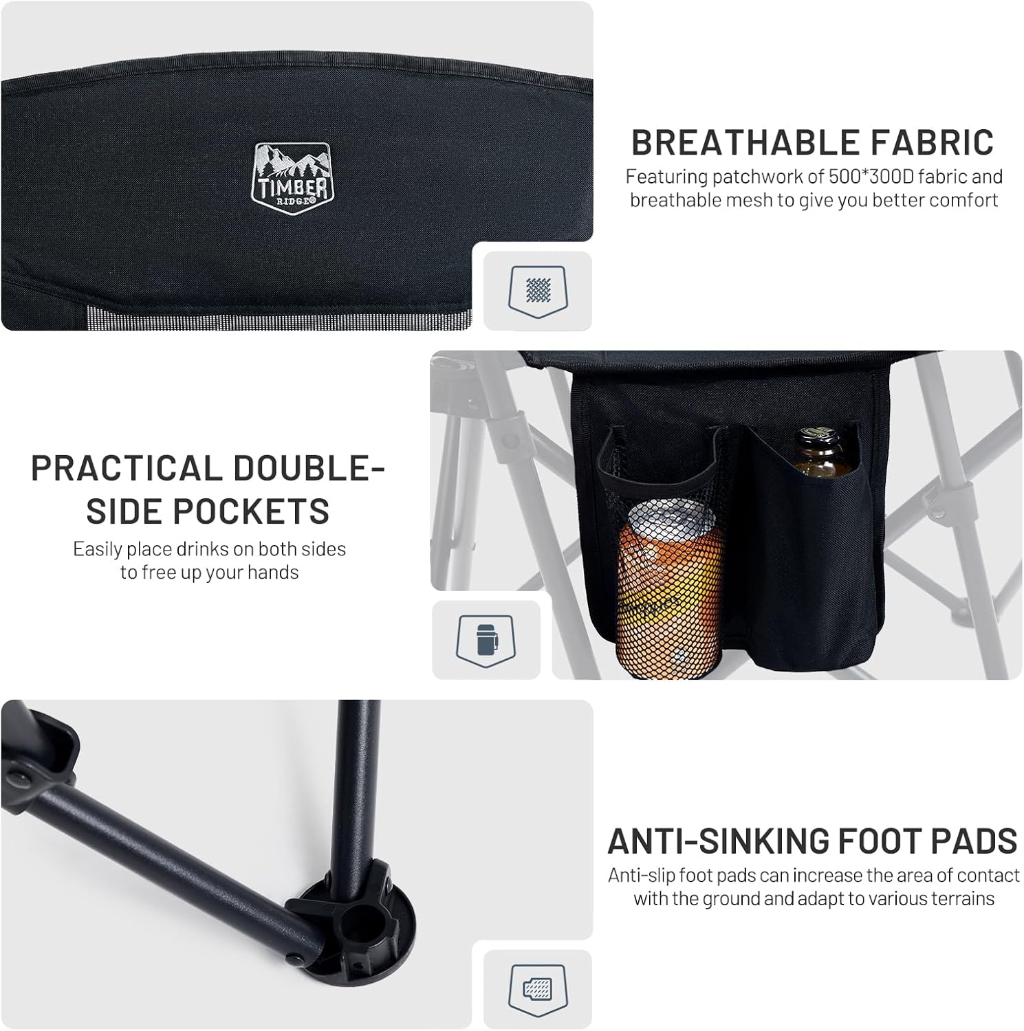 Oversized Camping Chair 150kg High Back Black Fold