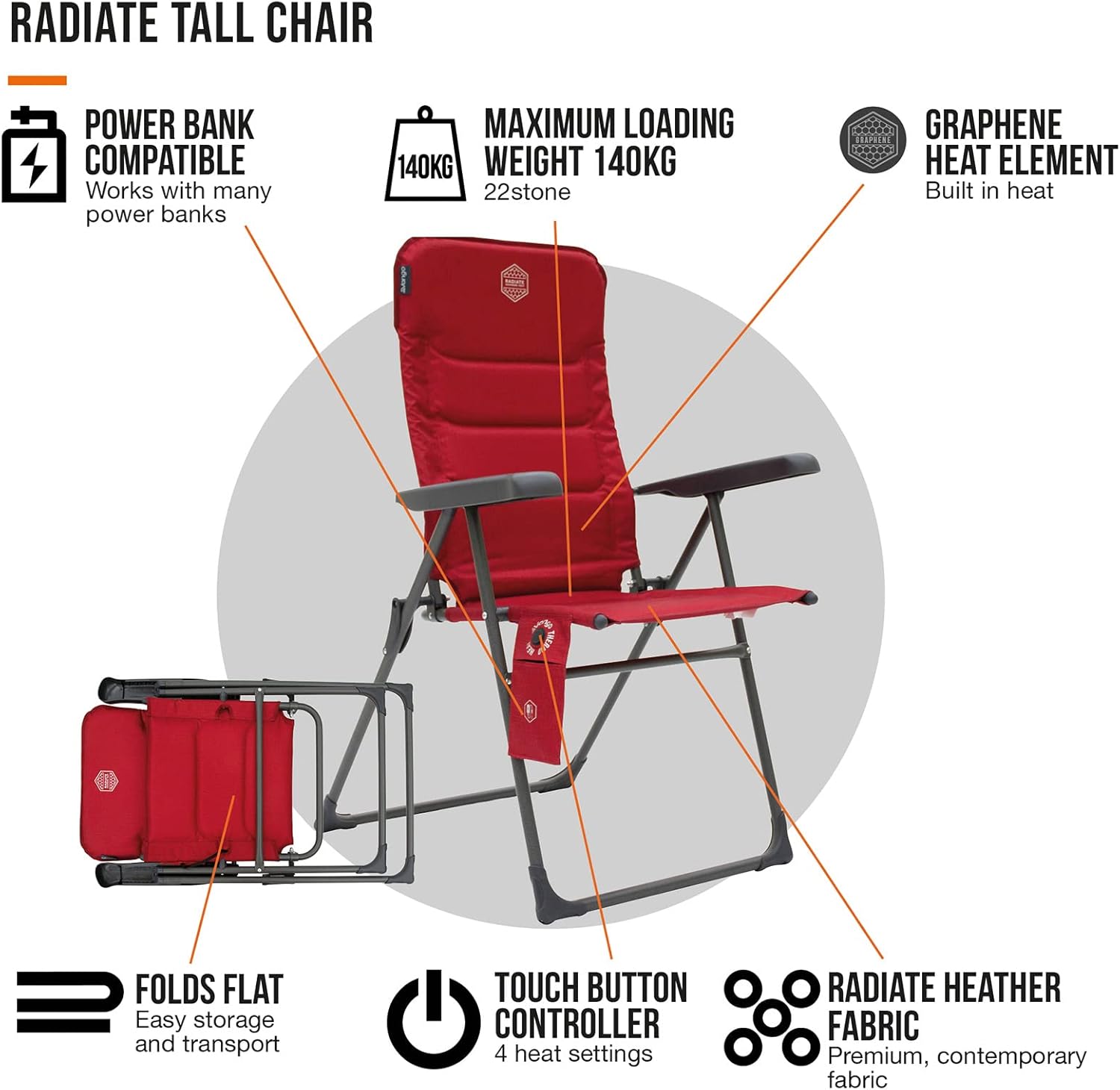 Heated Reclining Camping Chair Padded Tall Folding Seat