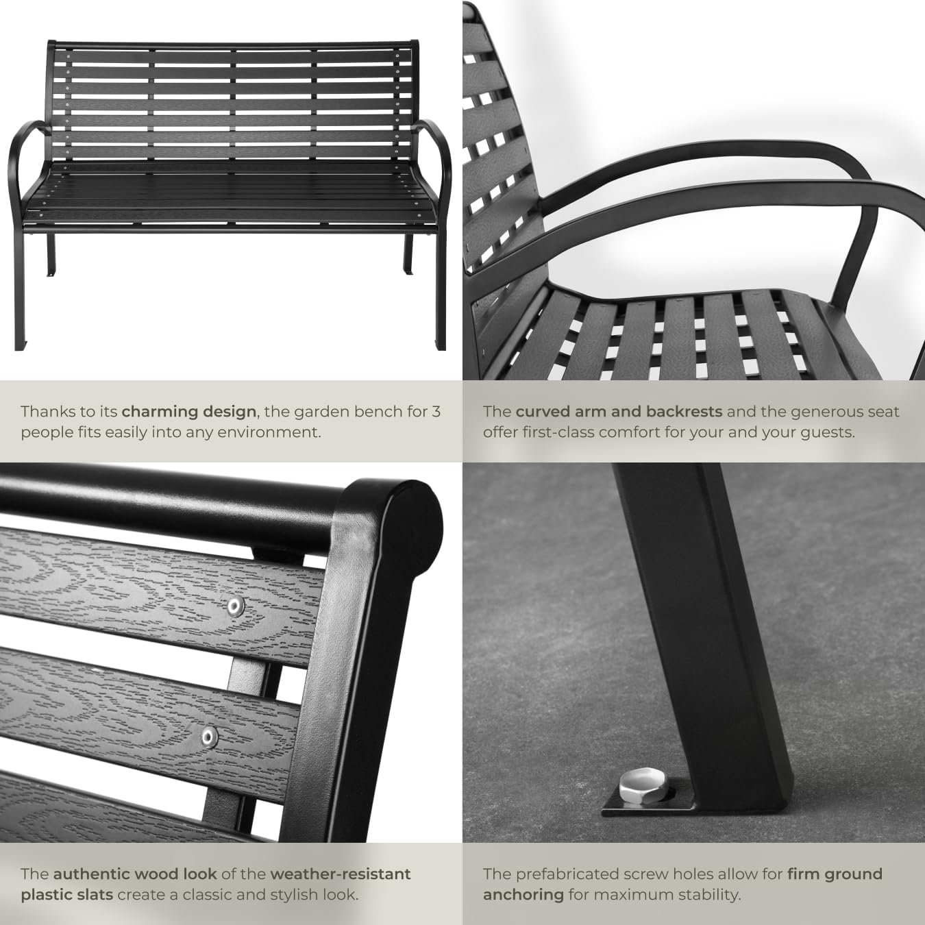 3 Seater Garden Bench Steel Frame Outdoor Patio Park Seat Black