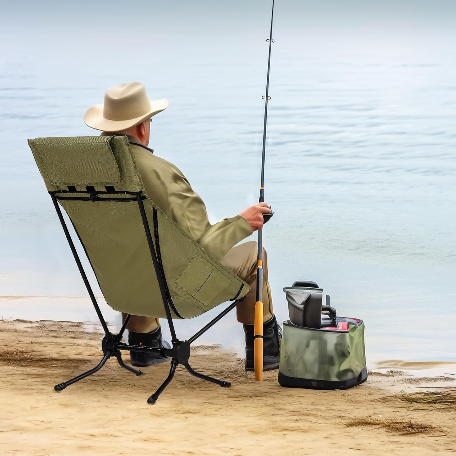 Set of 2 High Back Folding Camping Chairs Lightweight Green