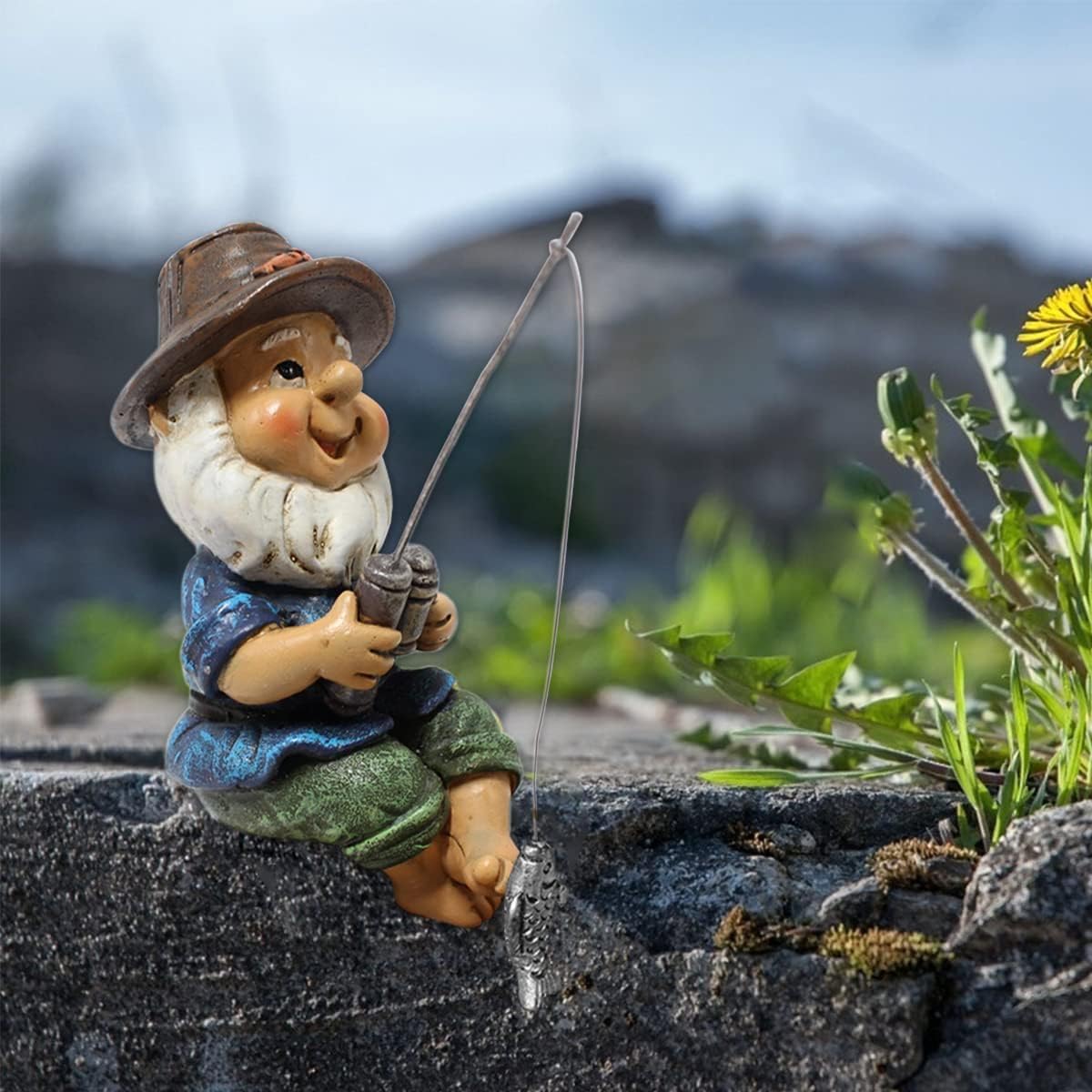 Fishing Garden Gnome Statue Small Resin Outdoor Patio Decor